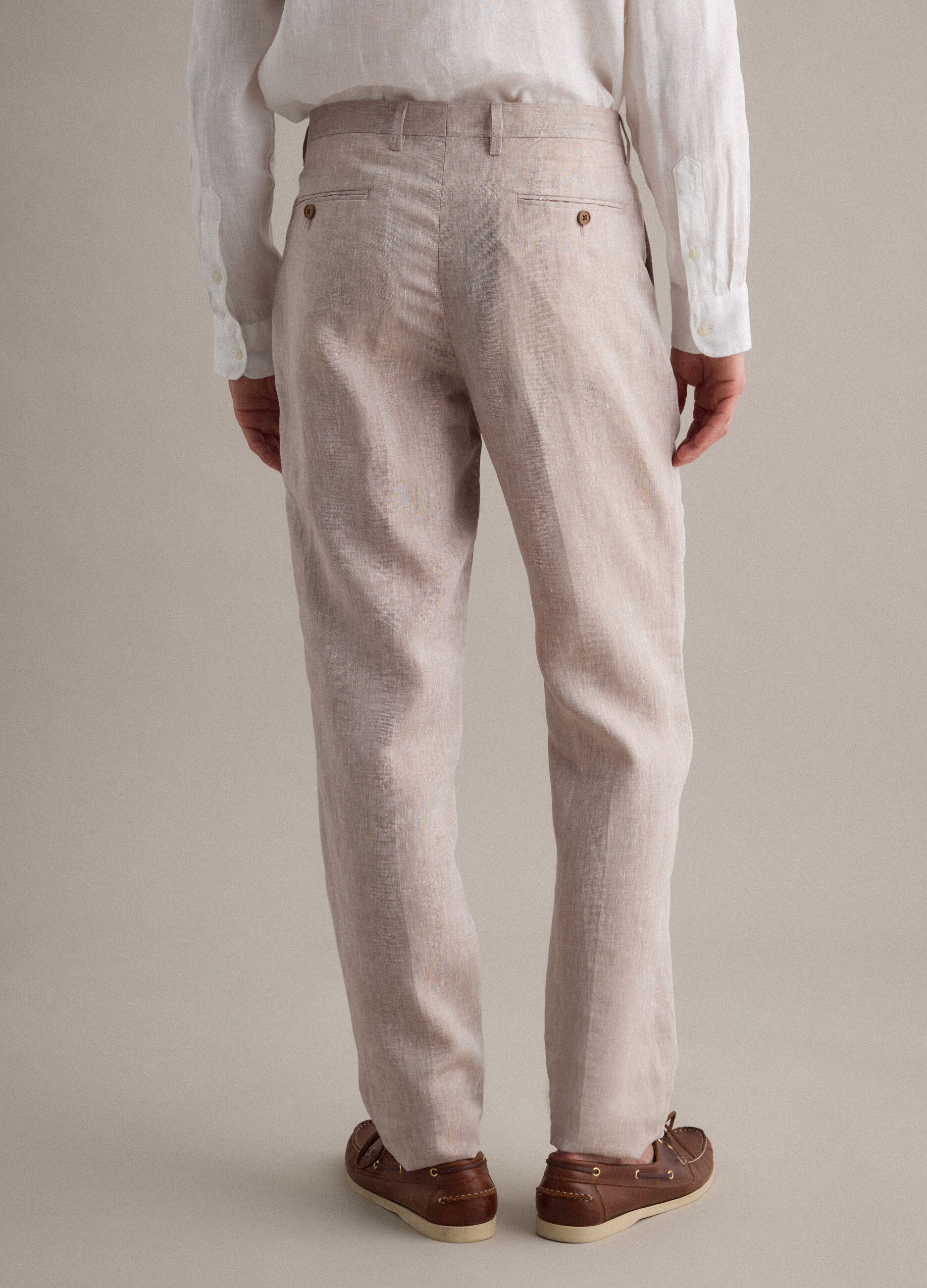 Beige pure linen slim fit trousers