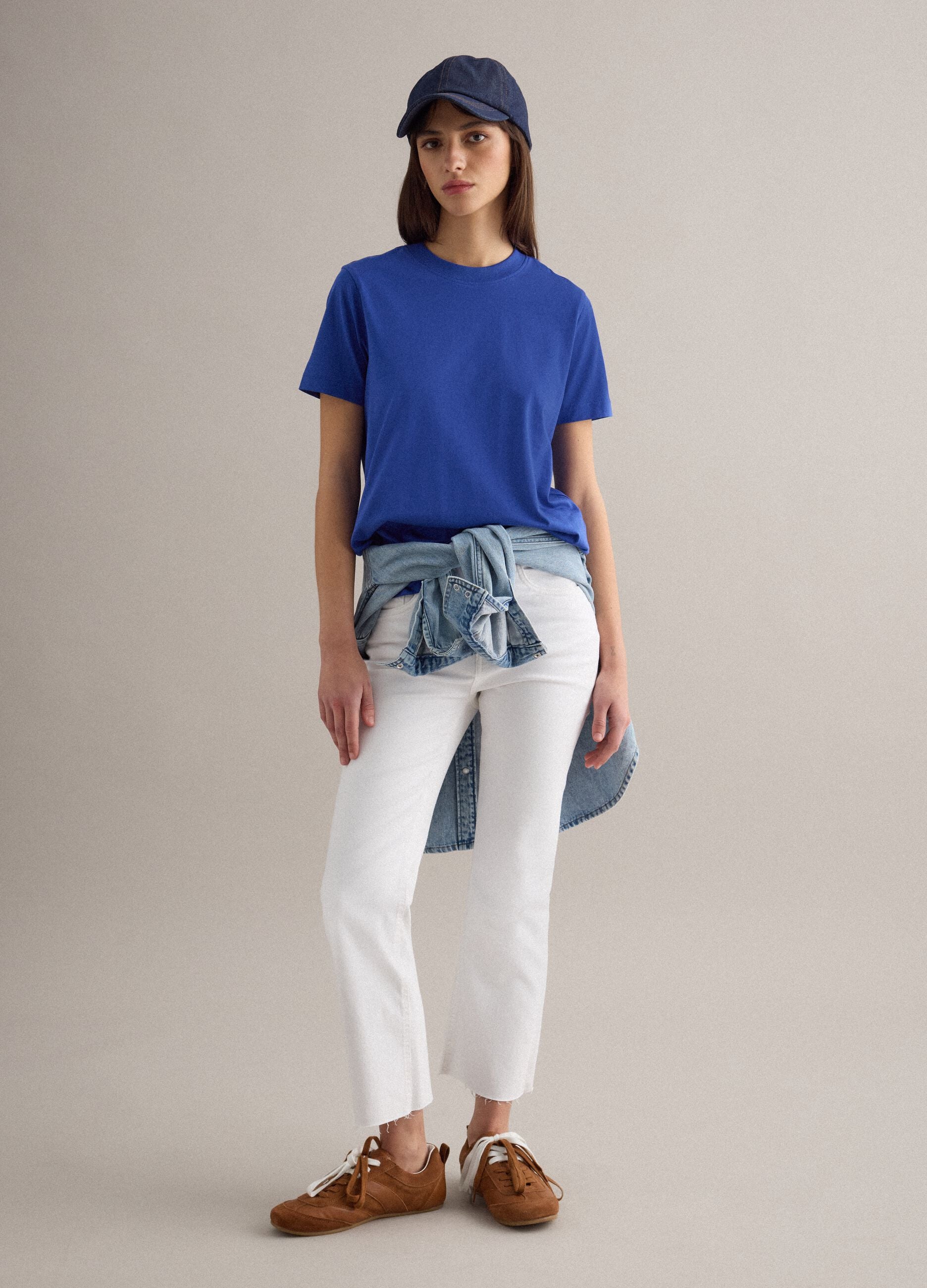 Regular fit blue crew neck cotton T-shirt