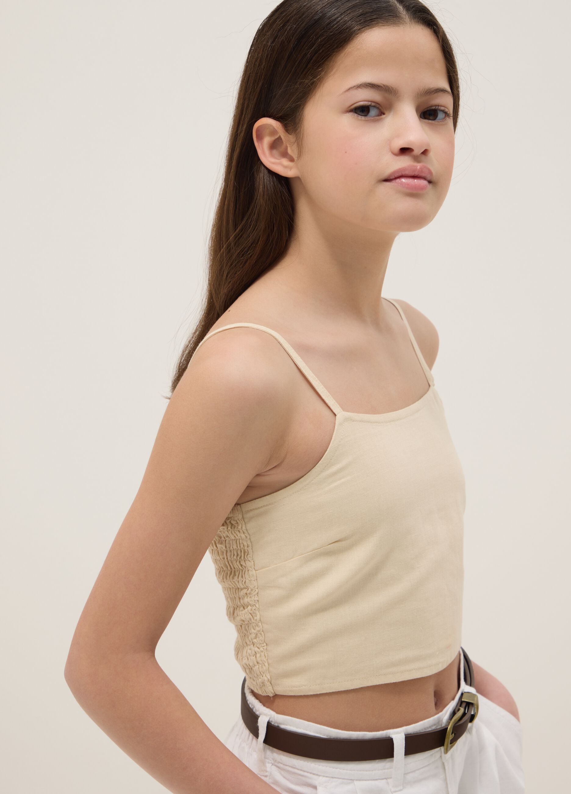 Girls' slim fit beige short top in linen and cotton blend