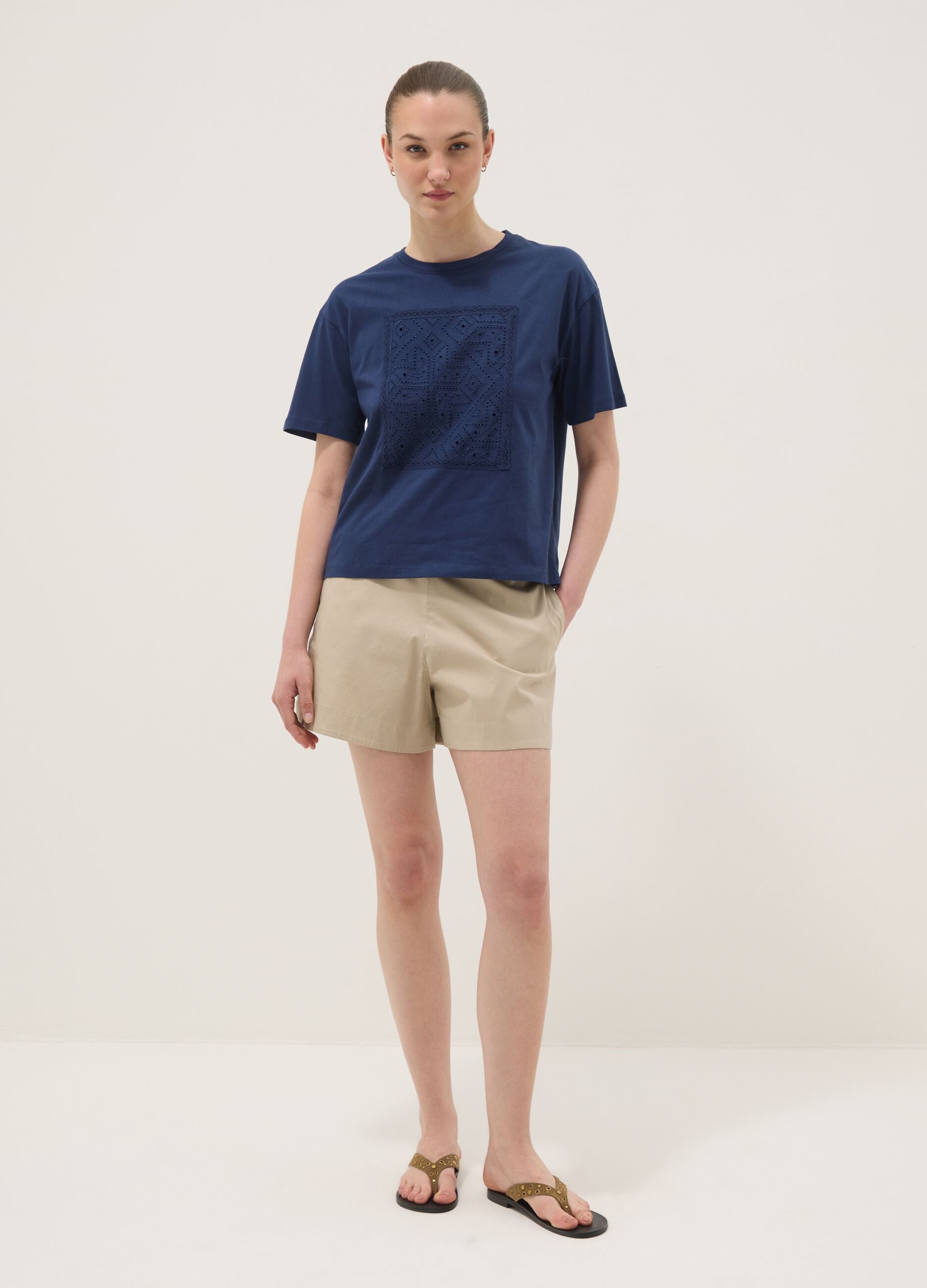 Blue regular-fit pure cotton T-shirt with perforated detail