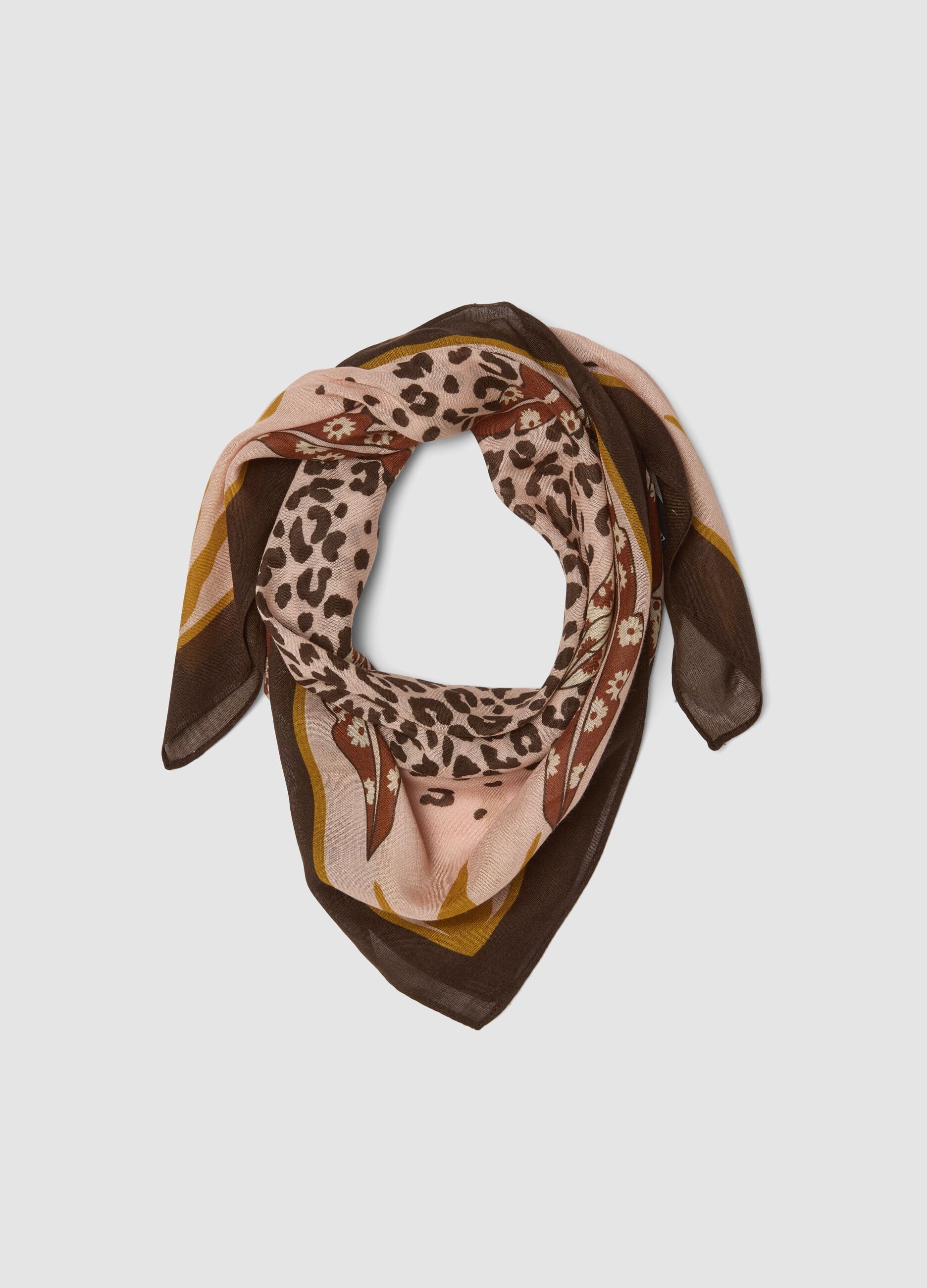 Brown patterned viscose and wool blend scarf