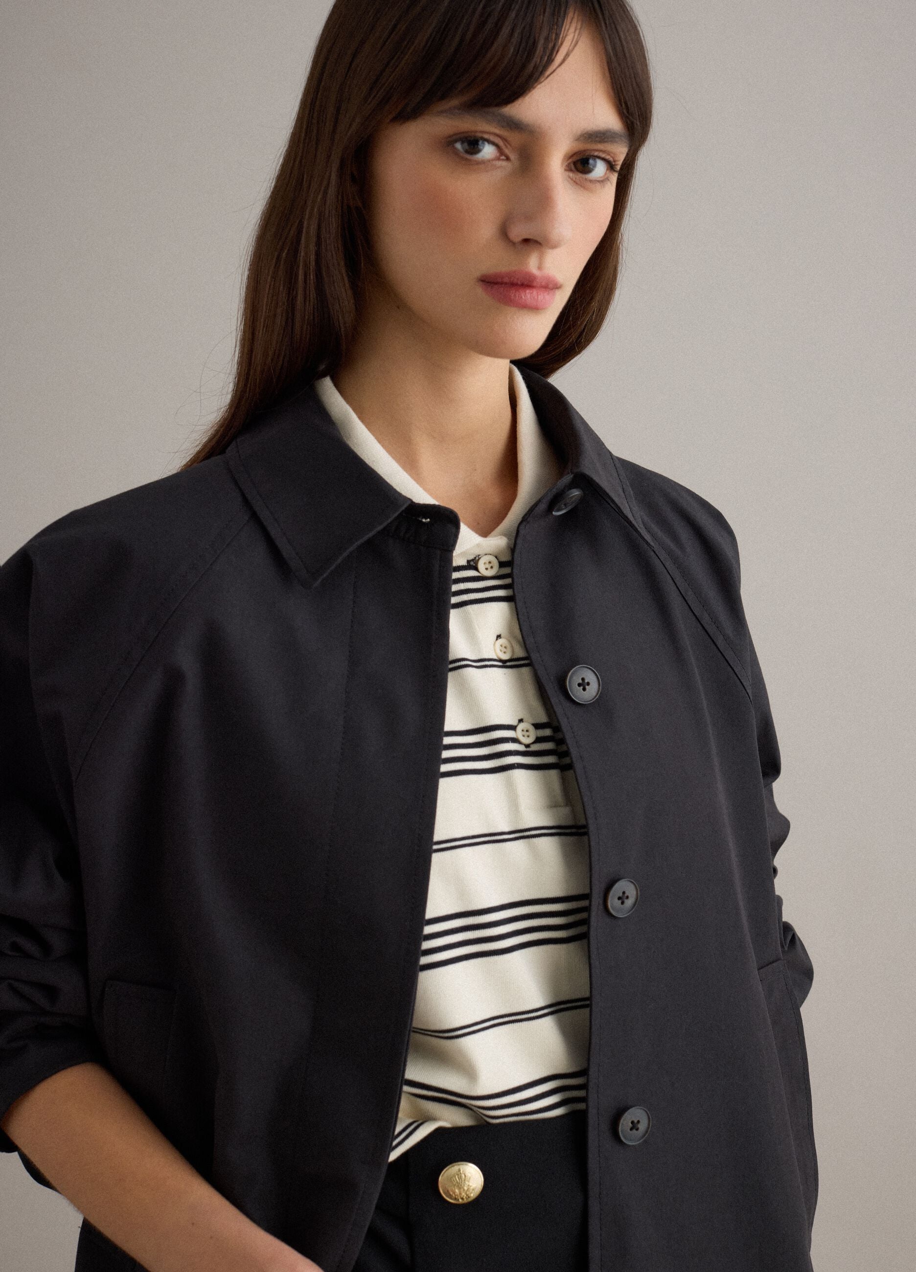 Black oversized cotton blend jacket with hidden closure