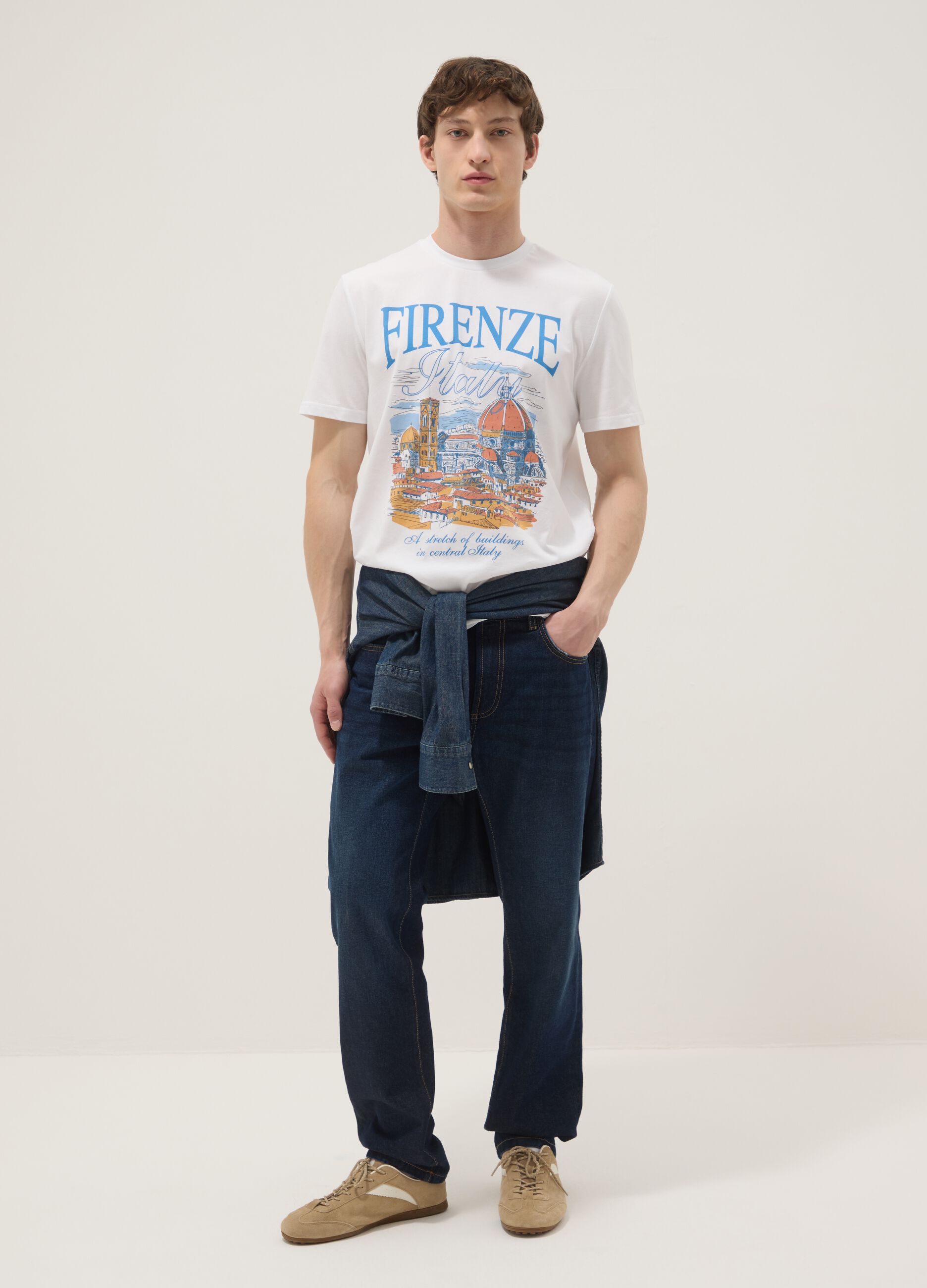 White pure cotton T-shirt with front print, regular fit