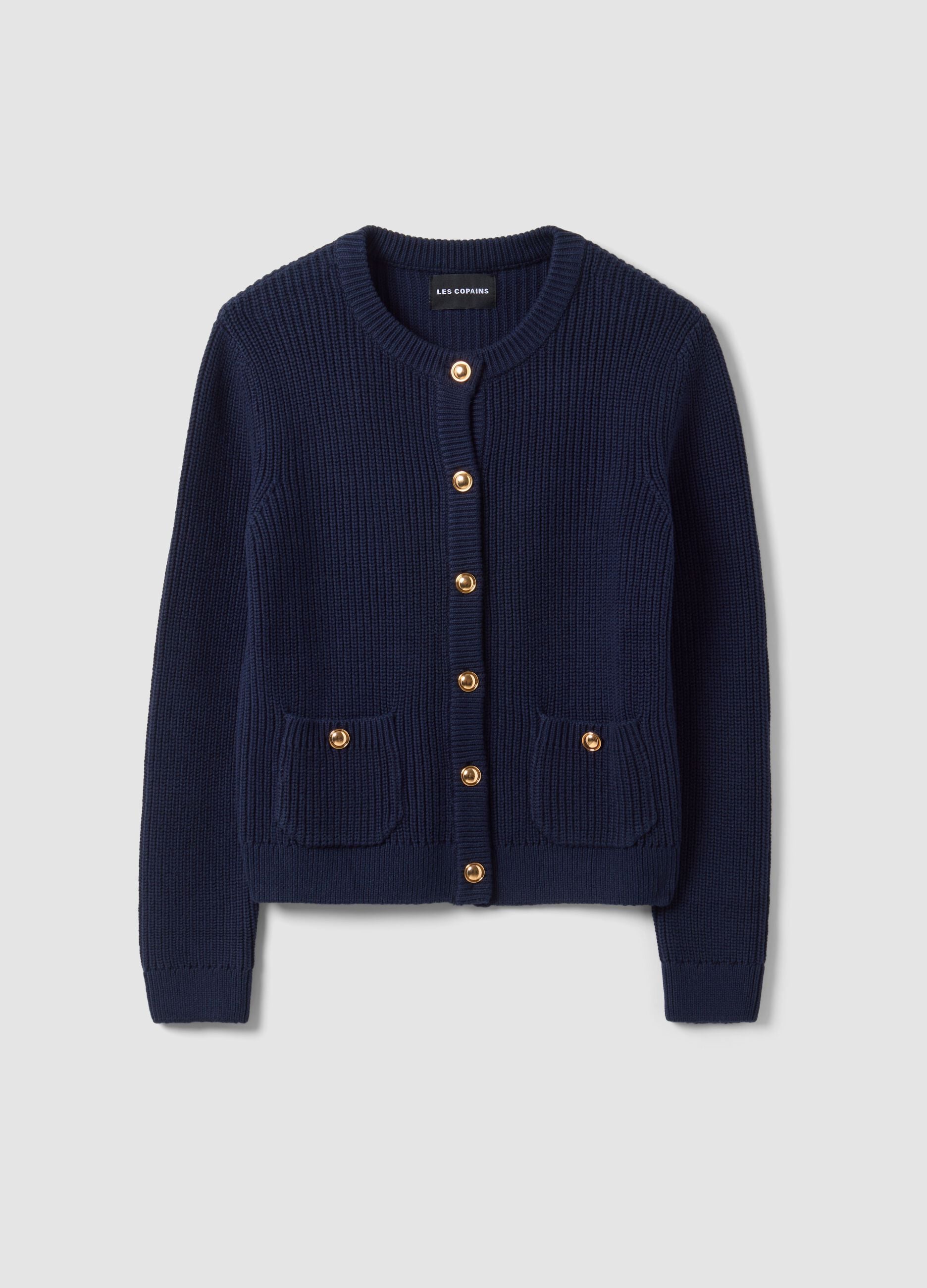 Blue pure cotton crew-neck knit cardigan