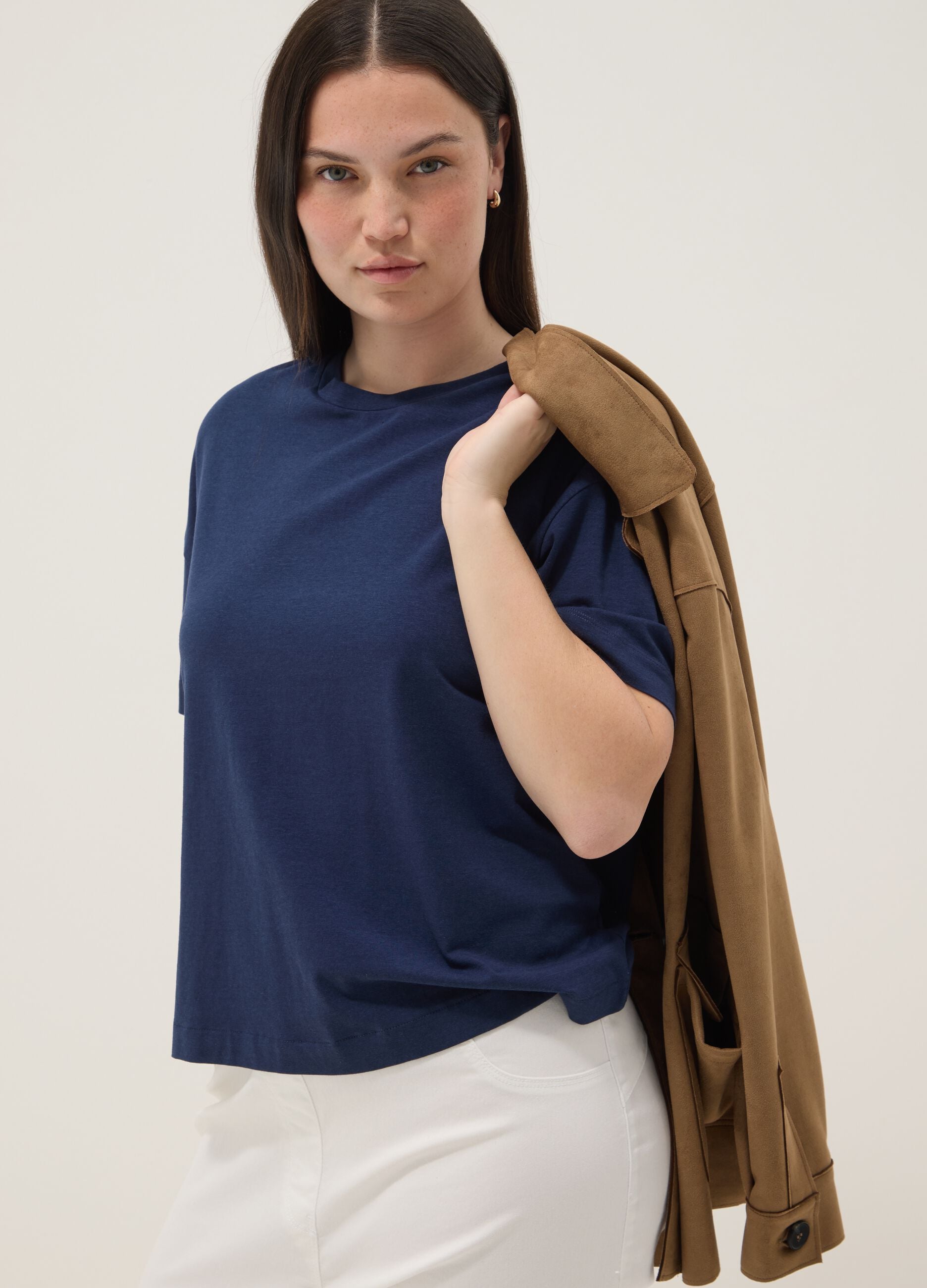 Blue short-sleeved T-shirt in stretch cotton and modal