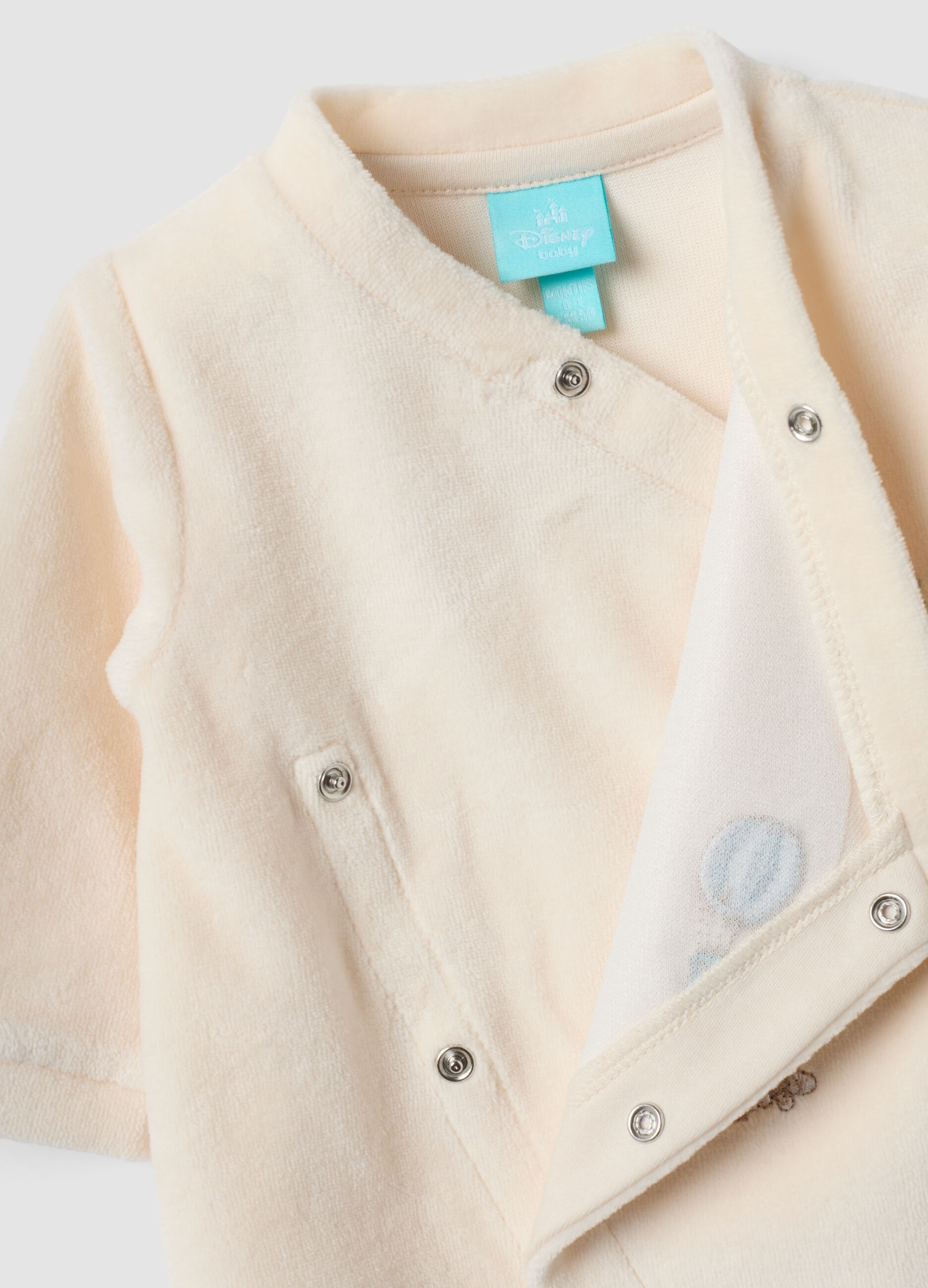Beige organic cotton-blend all-in-one baby sleepsuit with Mickey embroidery