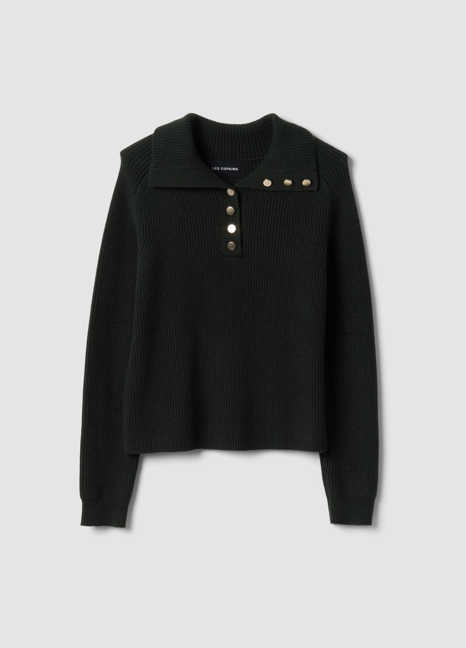 Green ribbed viscose-blend top with collar
