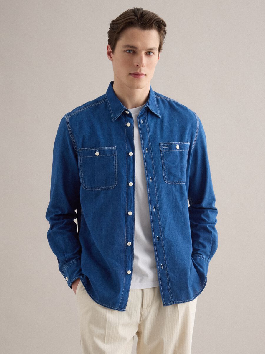 Blue denim pure cotton shirt regular fit with pockets_1