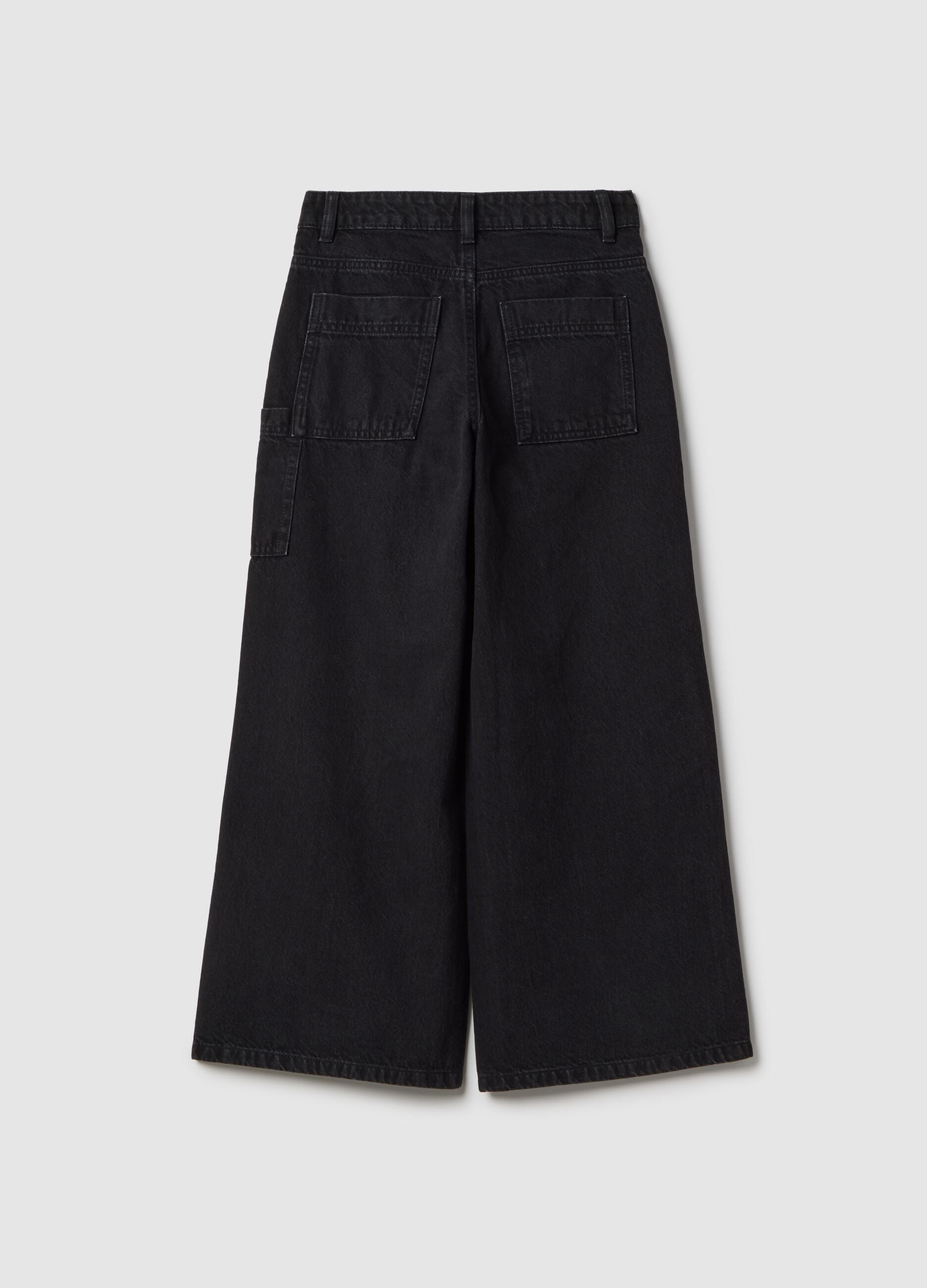 Girls' Pure Black Cotton Wide Leg Jeans with Large Pockets