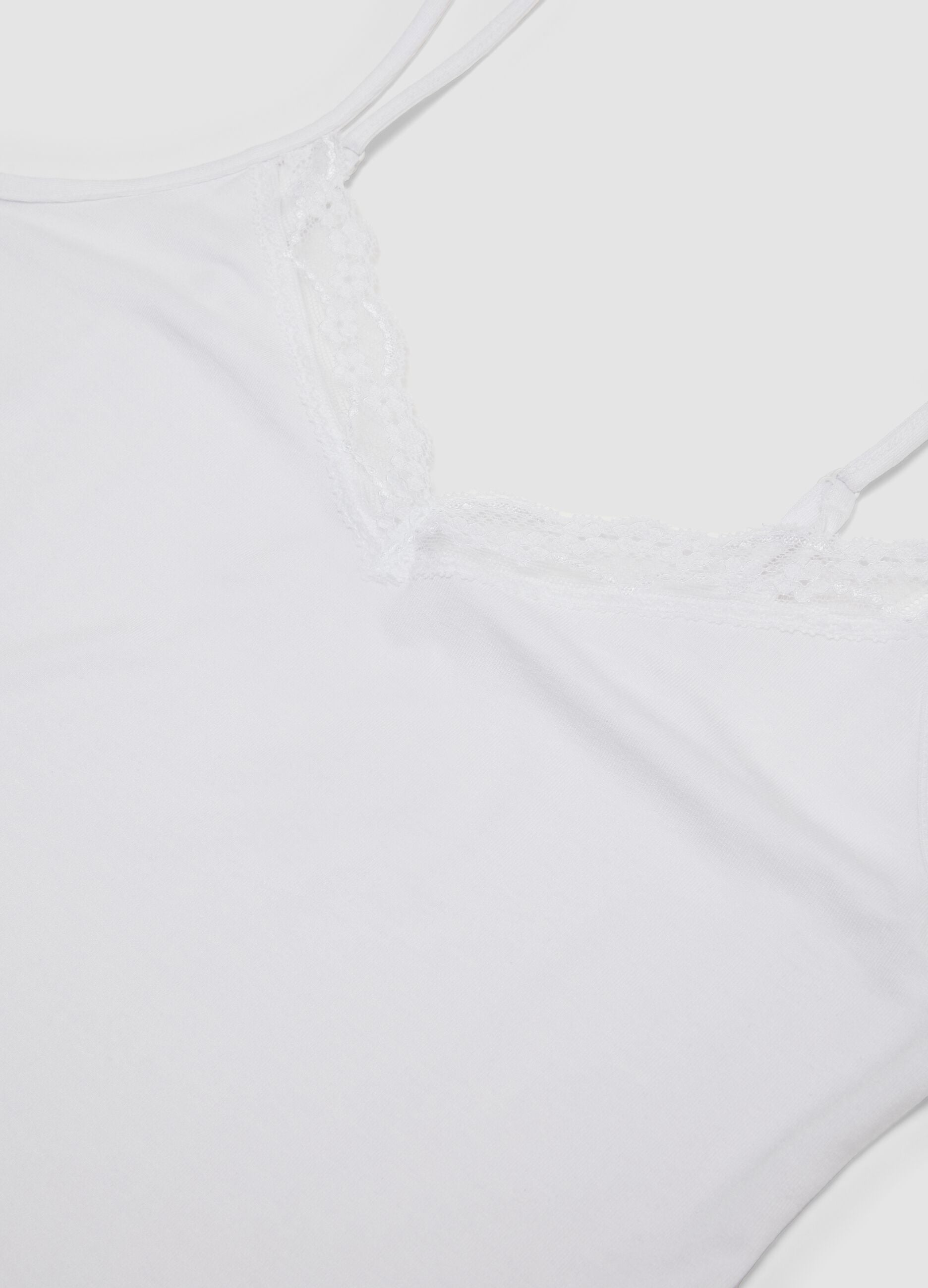White stretch viscose camisole with deep V-neck lace trim