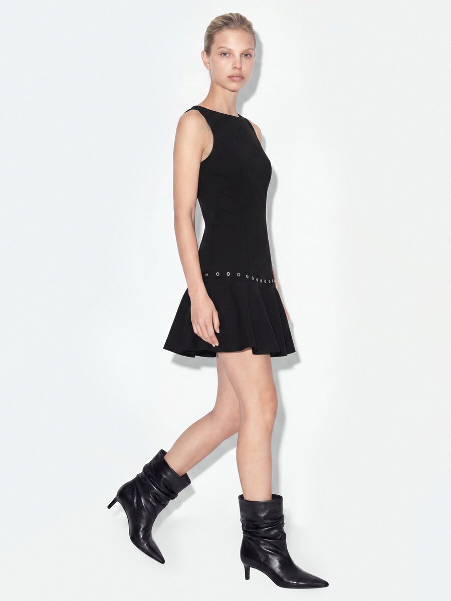 Black sleeveless stretch viscose dress with eyelet detail_1