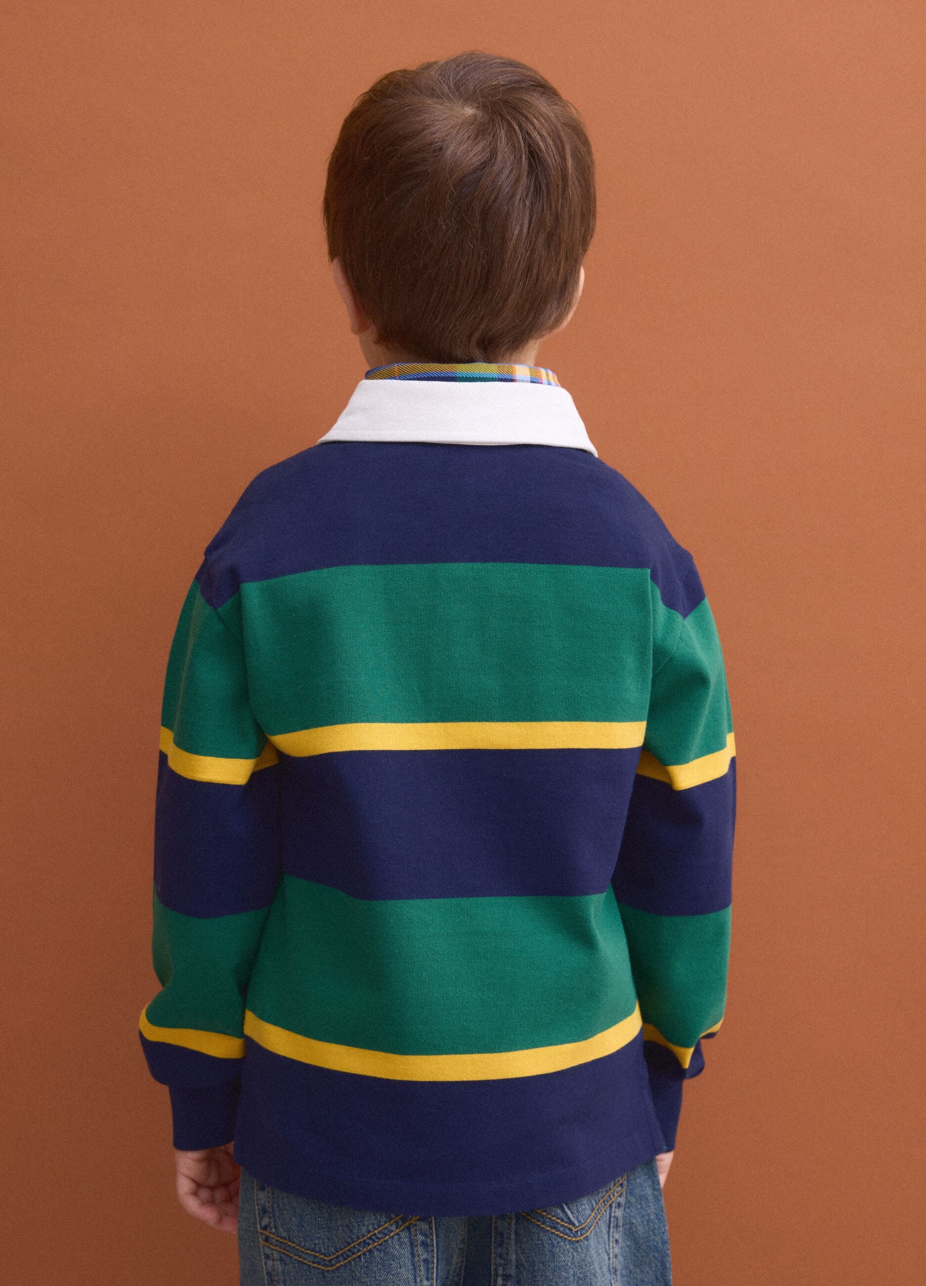Boys&rsquo; multicolour pure cotton striped rugby polo with classic collar