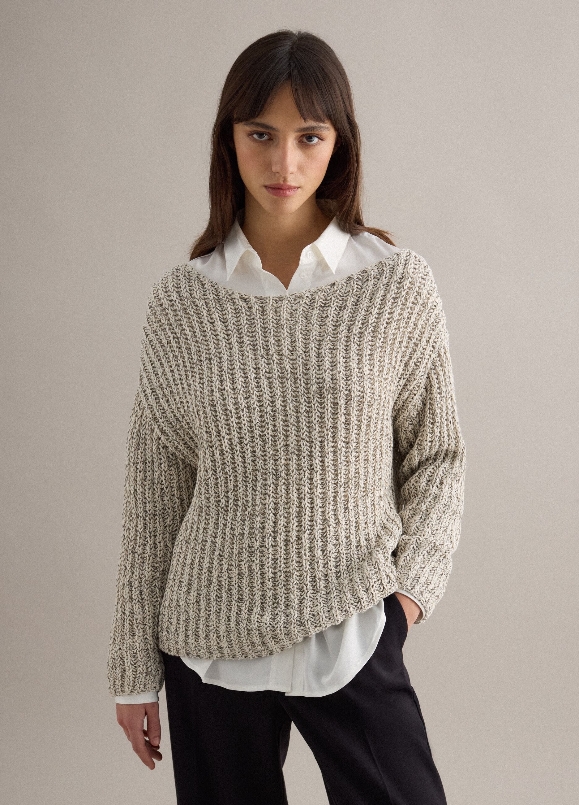 Beige cotton blend regular fit woven jumper with boat neck