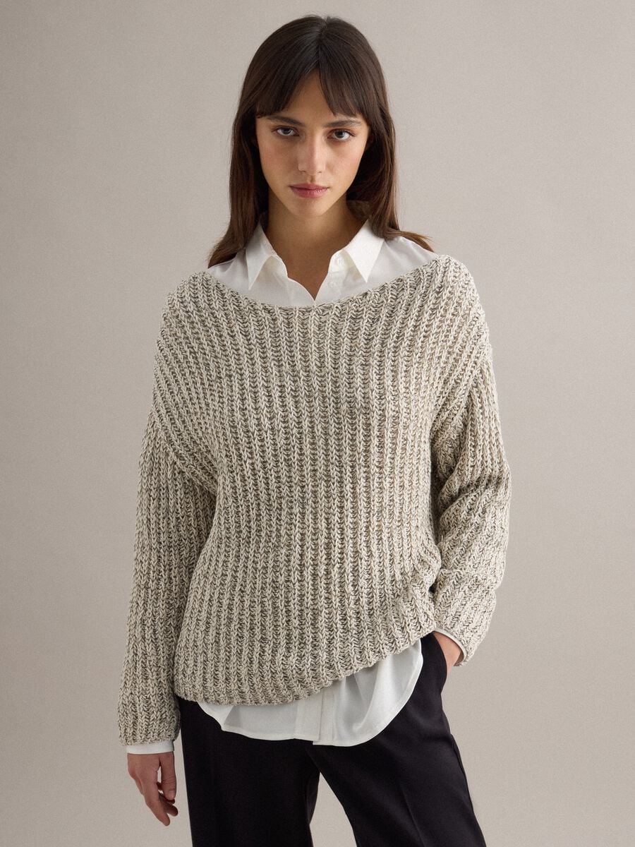 Beige cotton blend regular fit woven jumper with boat neck_0