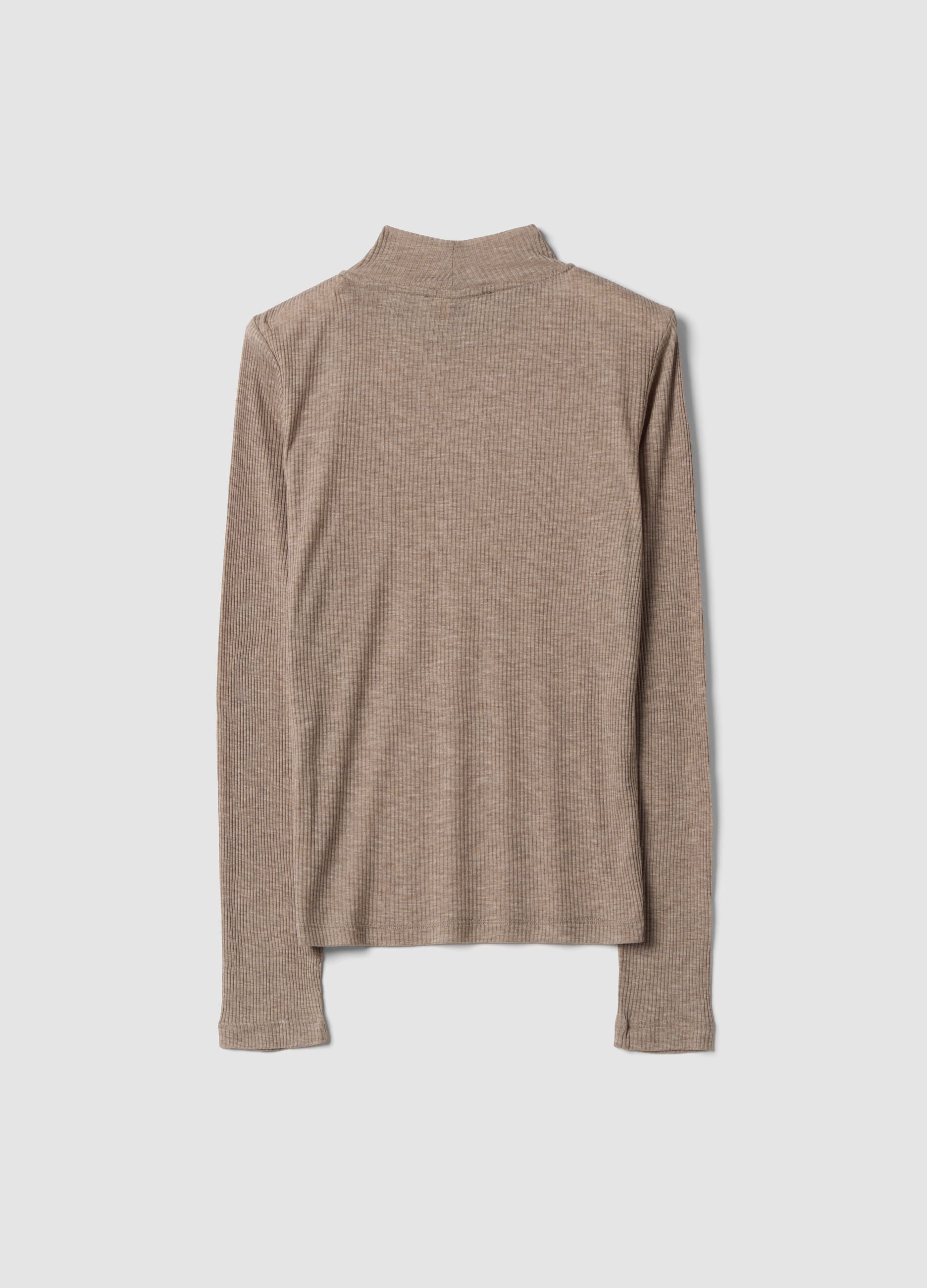 Beige ribbed lyocell-wool blend T-shirt, regular fit