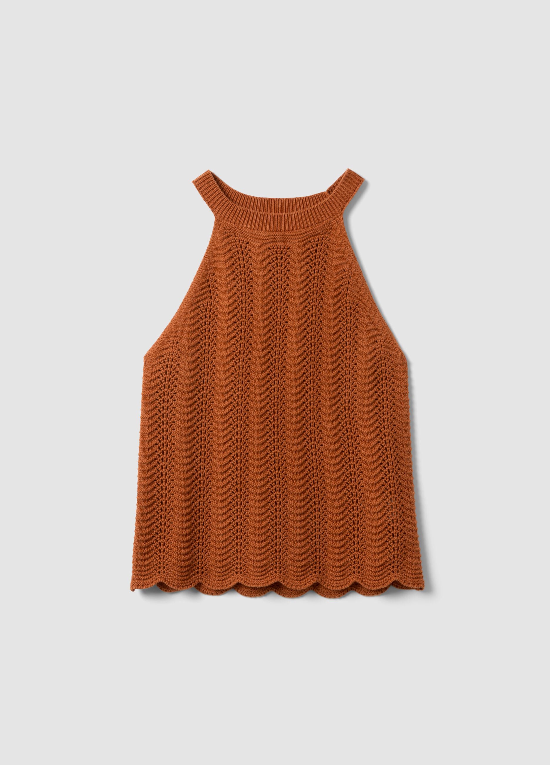 Regular fit orange pure cotton tank top with mesh texture