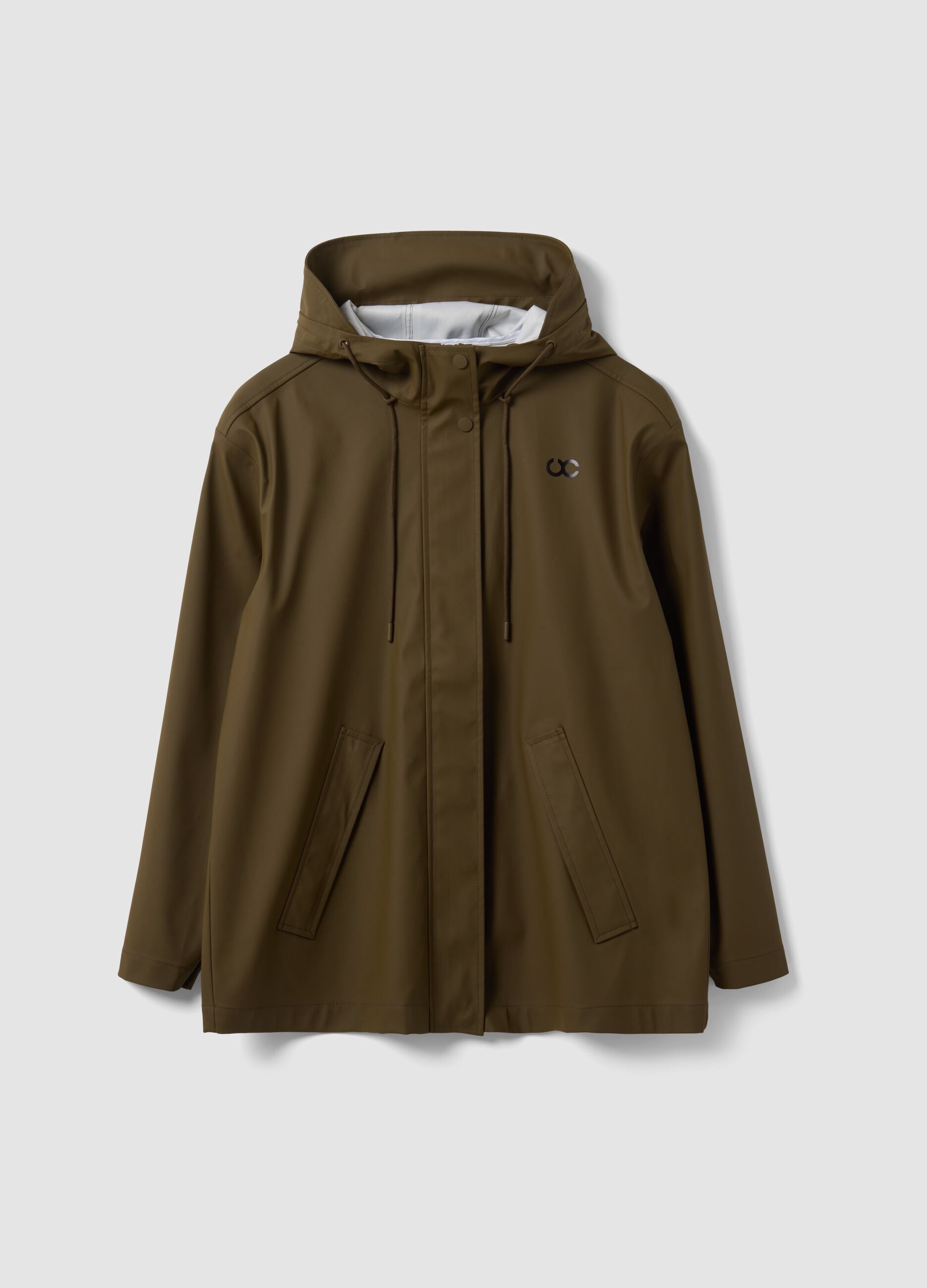 Green rain jacket with zip and hood