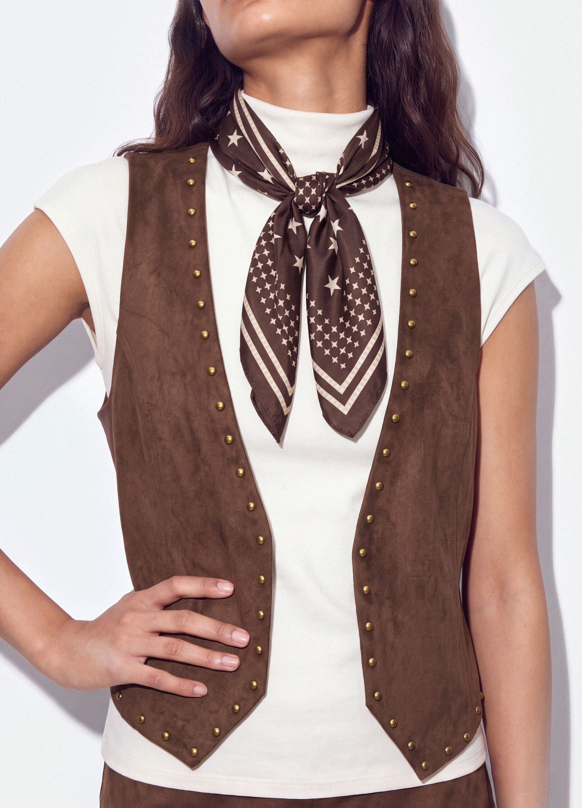 Brown stretch fabric gilet with studs, regular fit