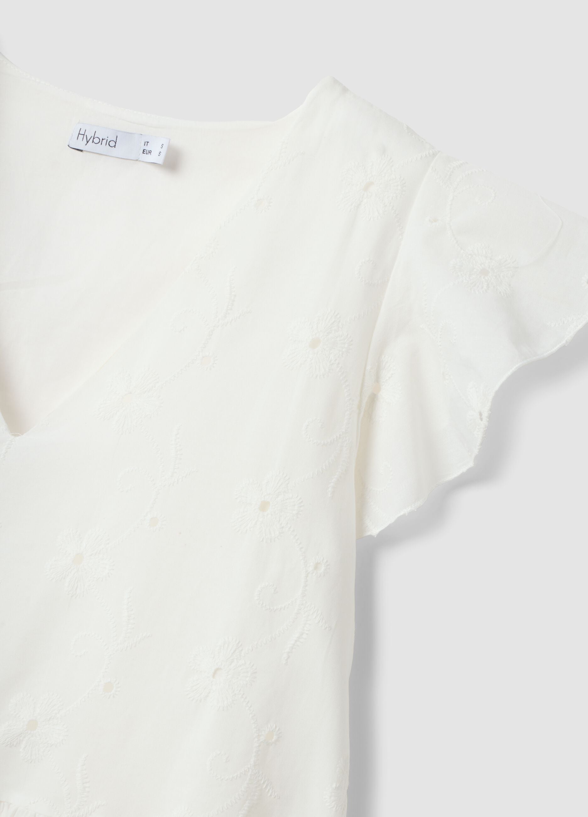 White pure cotton dress with broderie floral embroidery and V-neck