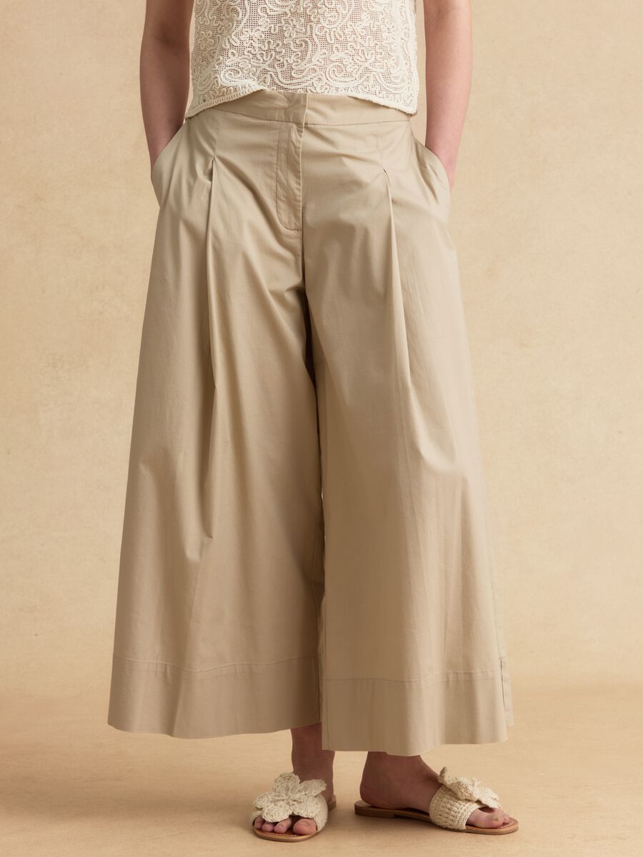 Beige stretch cotton palazzo trousers_1