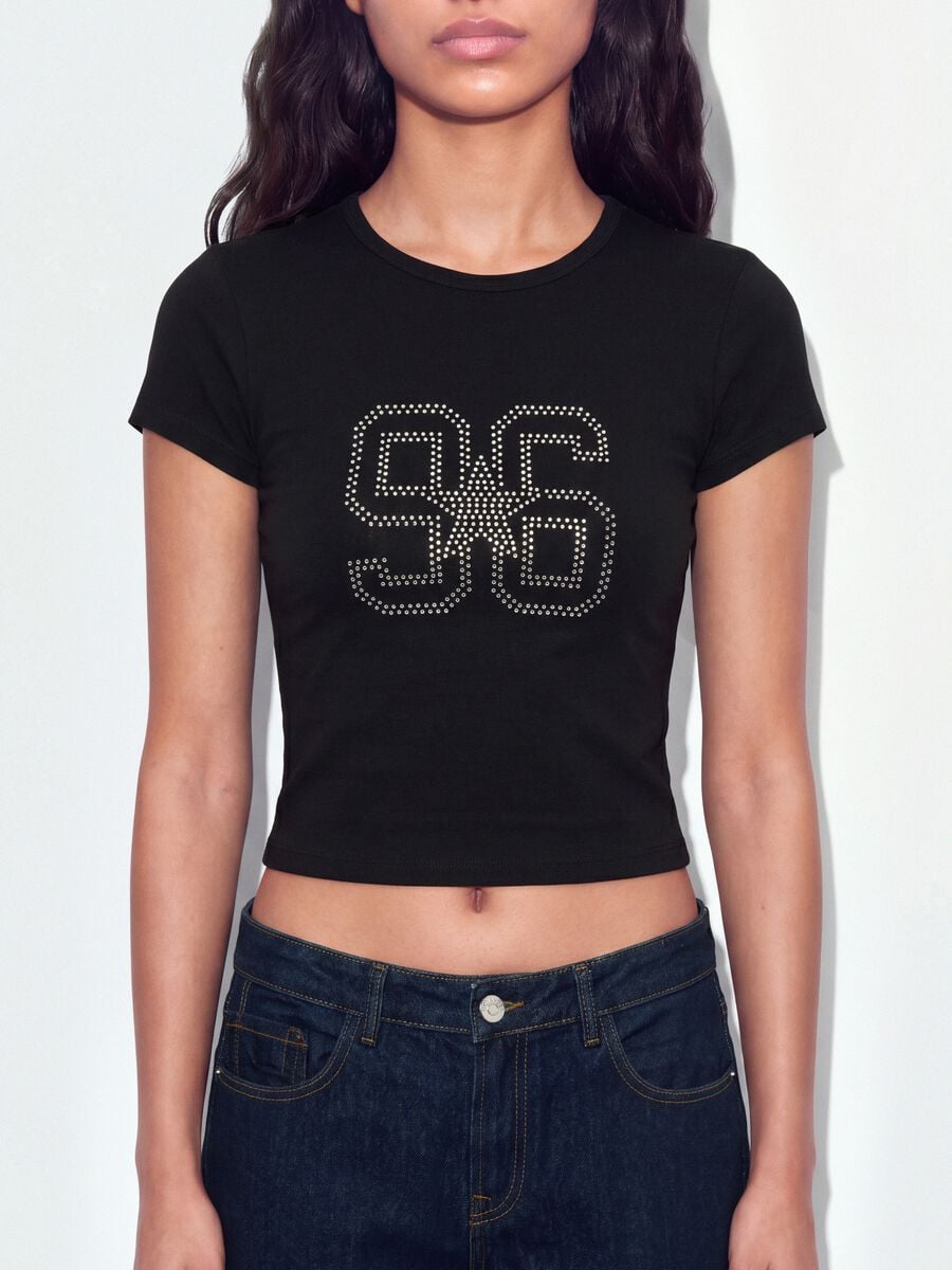 Black fitted stretch-cotton T-shirt with rhinestone embellishment_3
