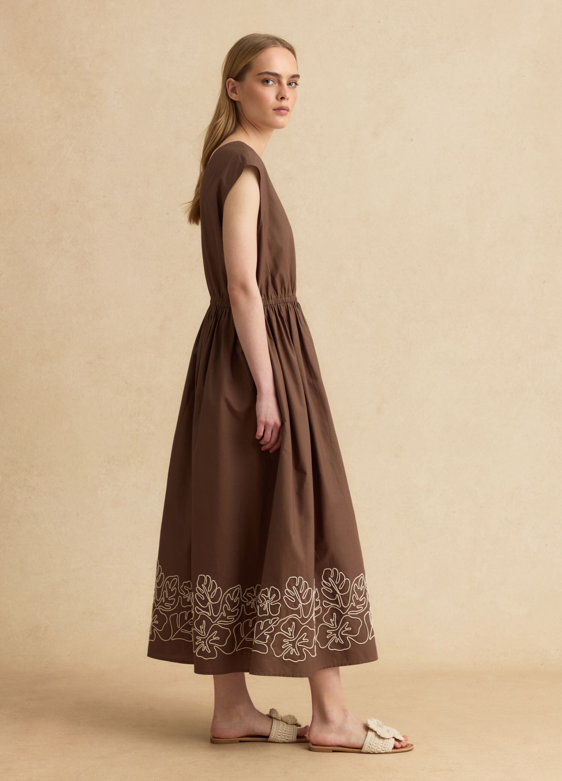 Brown pure cotton regular-fit dress with embroidery and V-neck