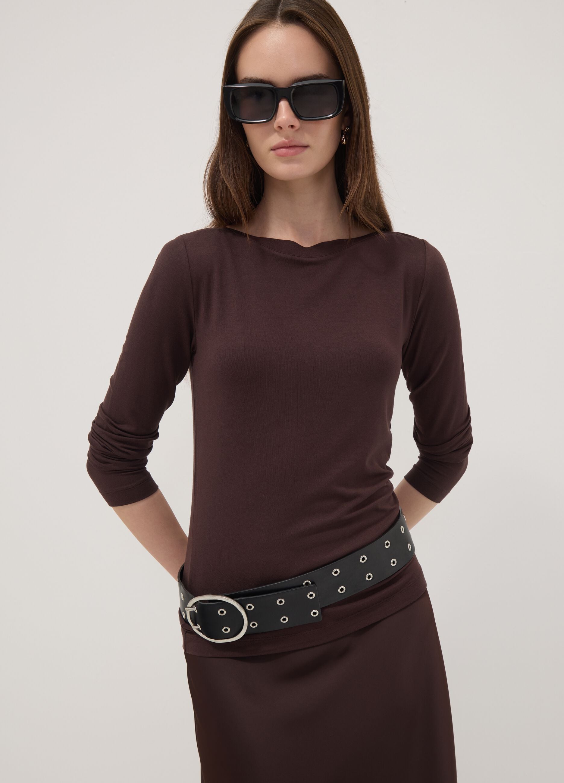 Brown slim-fit stretch viscose T-shirt