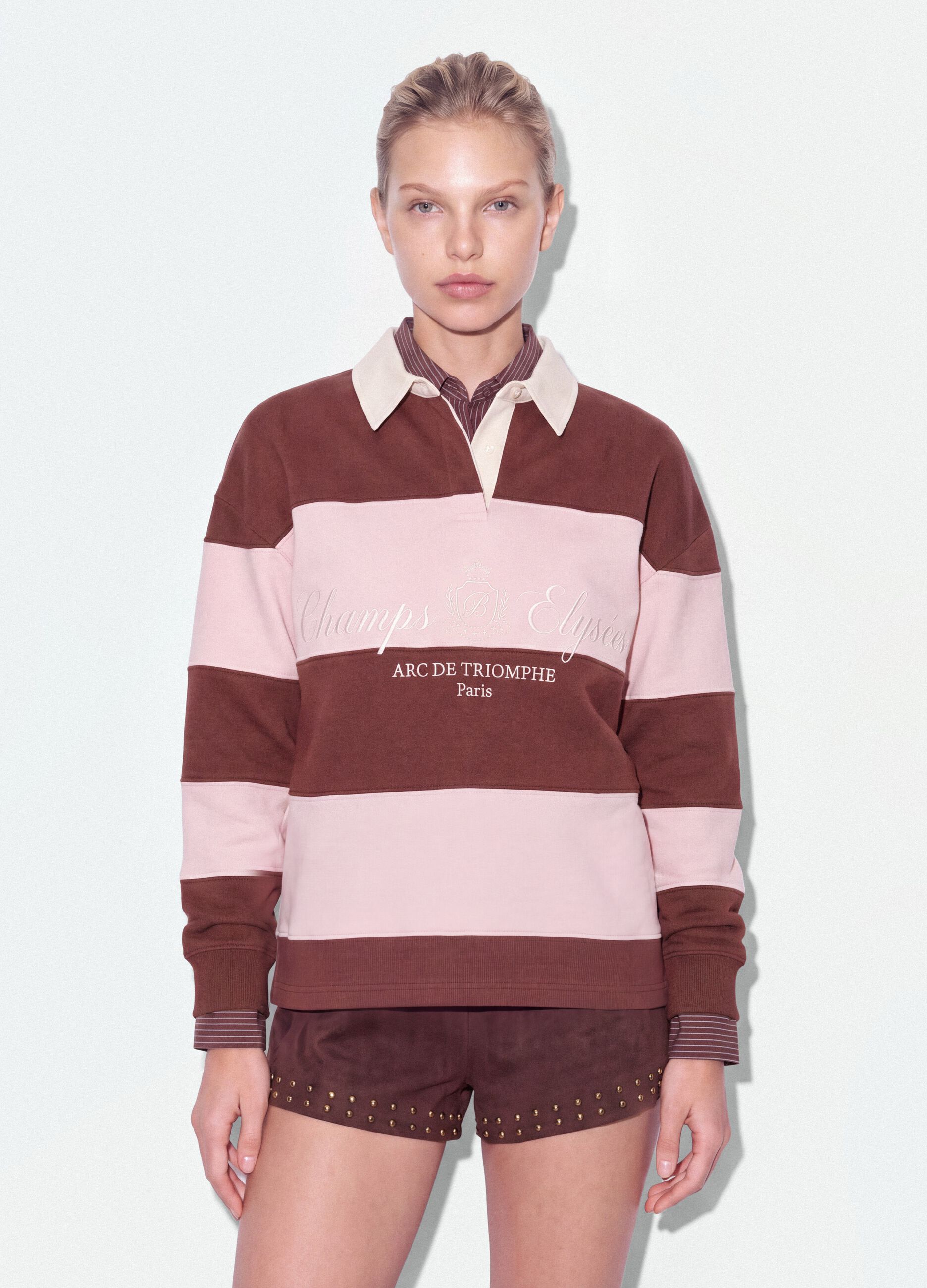 Brown striped cotton-blend sweatshirt with collar, relaxed fit