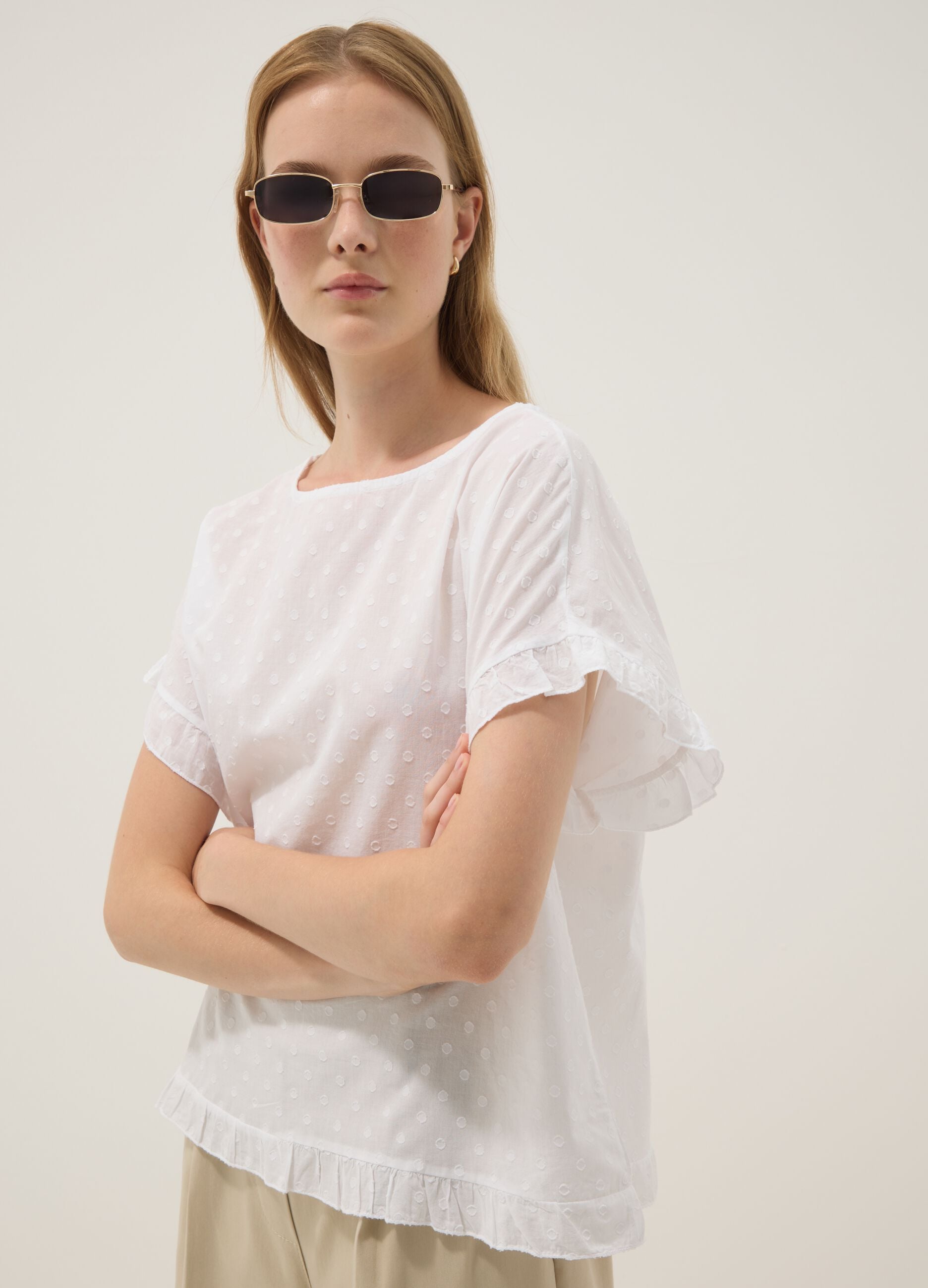 White pure-cotton blouse with ruffle trim