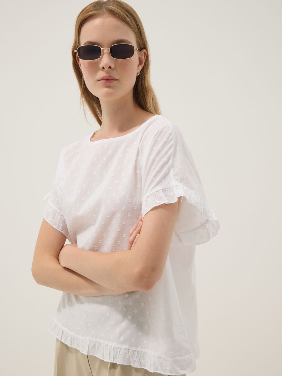 White pure-cotton blouse with ruffle trim_1