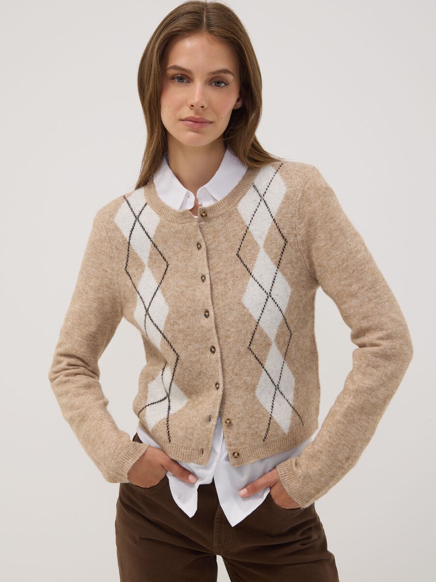 Beige jacquard stretch wool crew-neck cardigan, regular fit_0