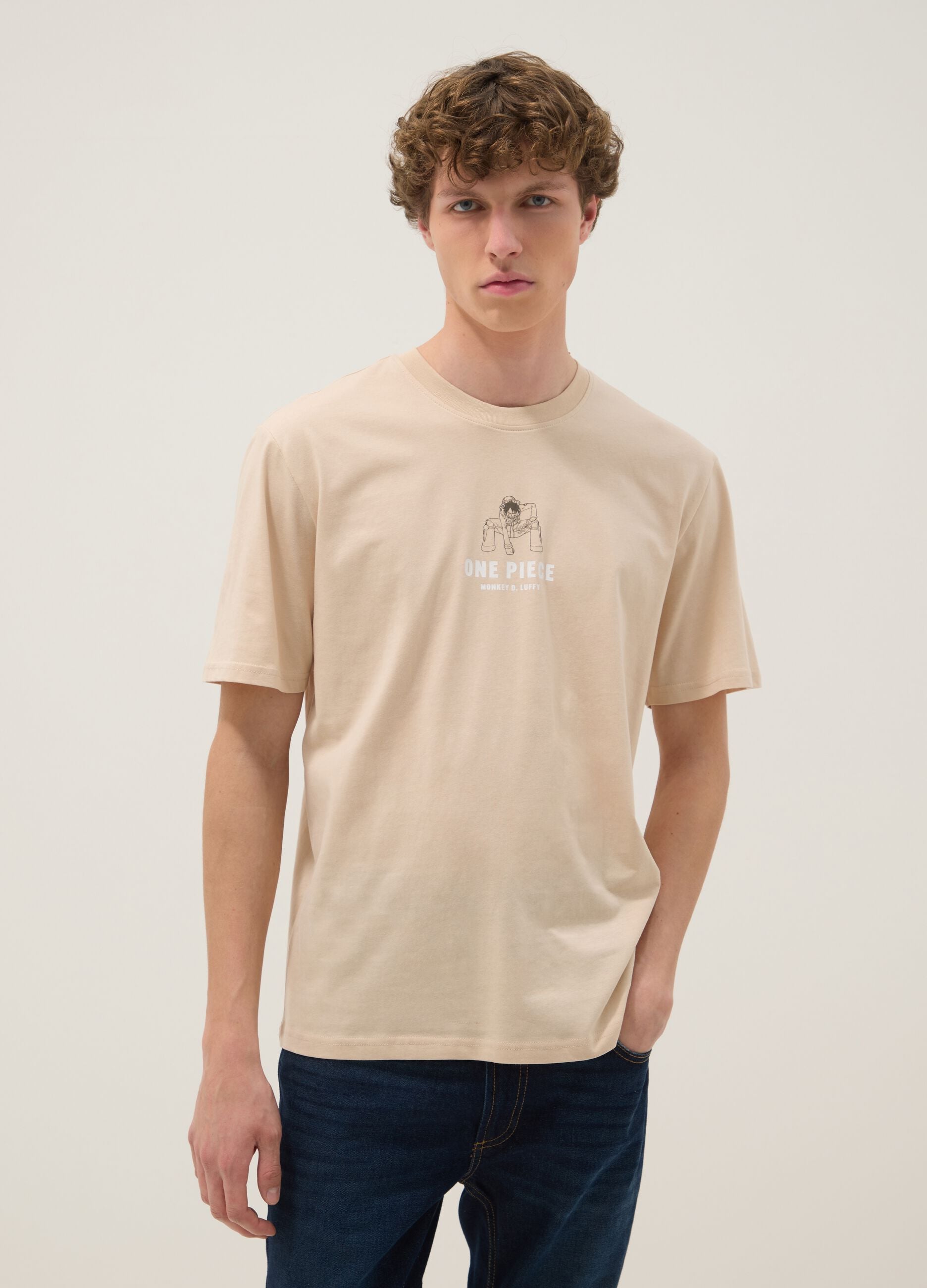 Beige pure cotton One Piece print T-shirt, relaxed fit