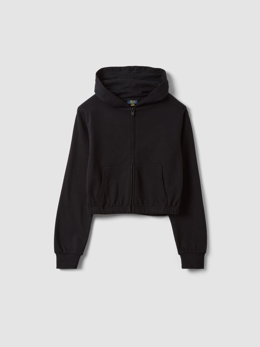 Short black pure cotton hoodie with crew neck for girls_3