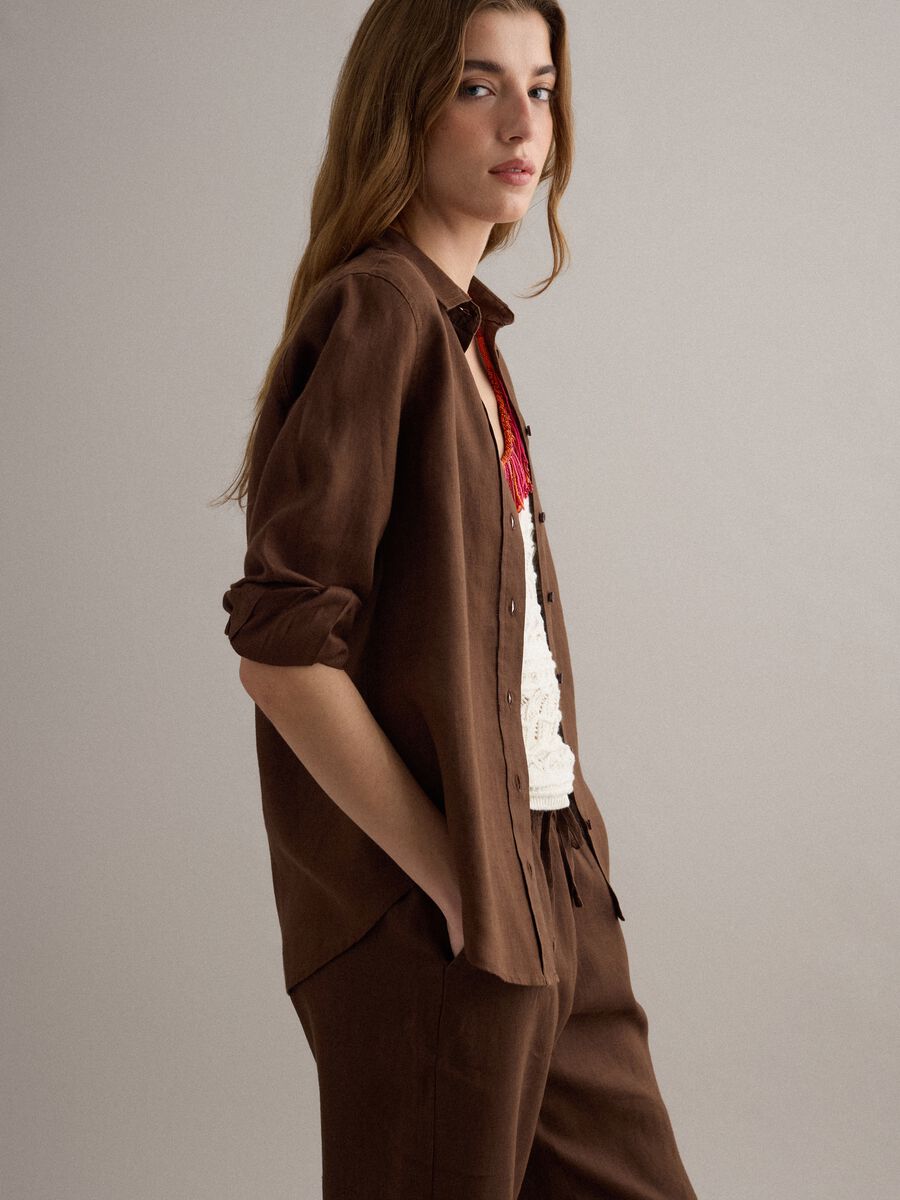 Brown pure linen regular fit shirt_0