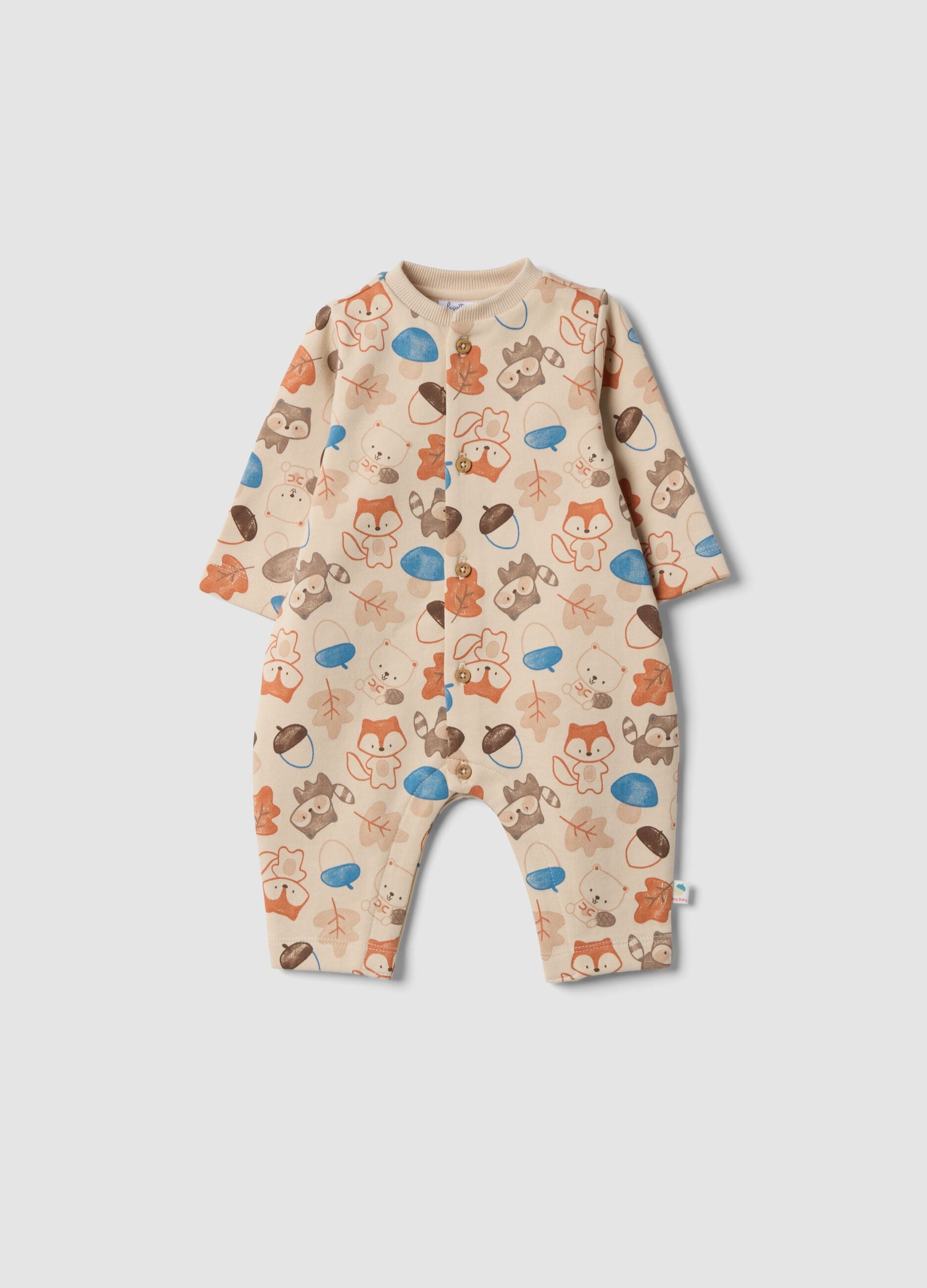 Beige organic cotton sleepsuit with animal print