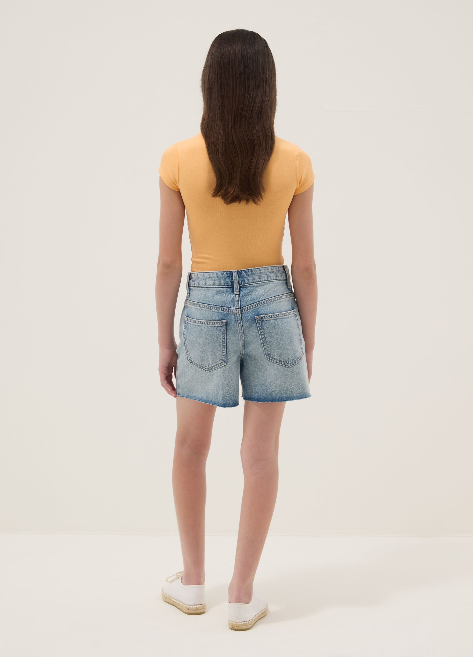 Blue pure-cotton denim shorts for girls, straight fit