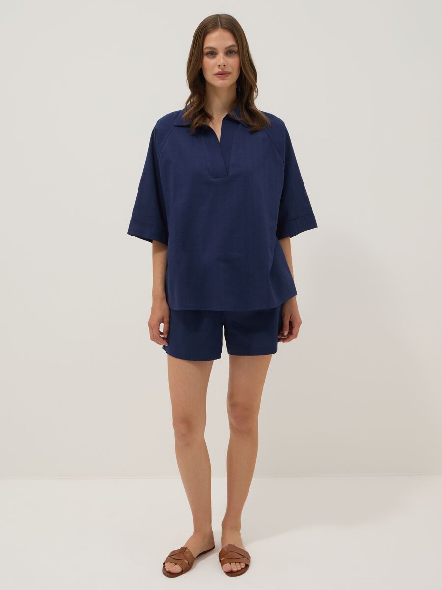 Blue pure cotton V-neck top_1