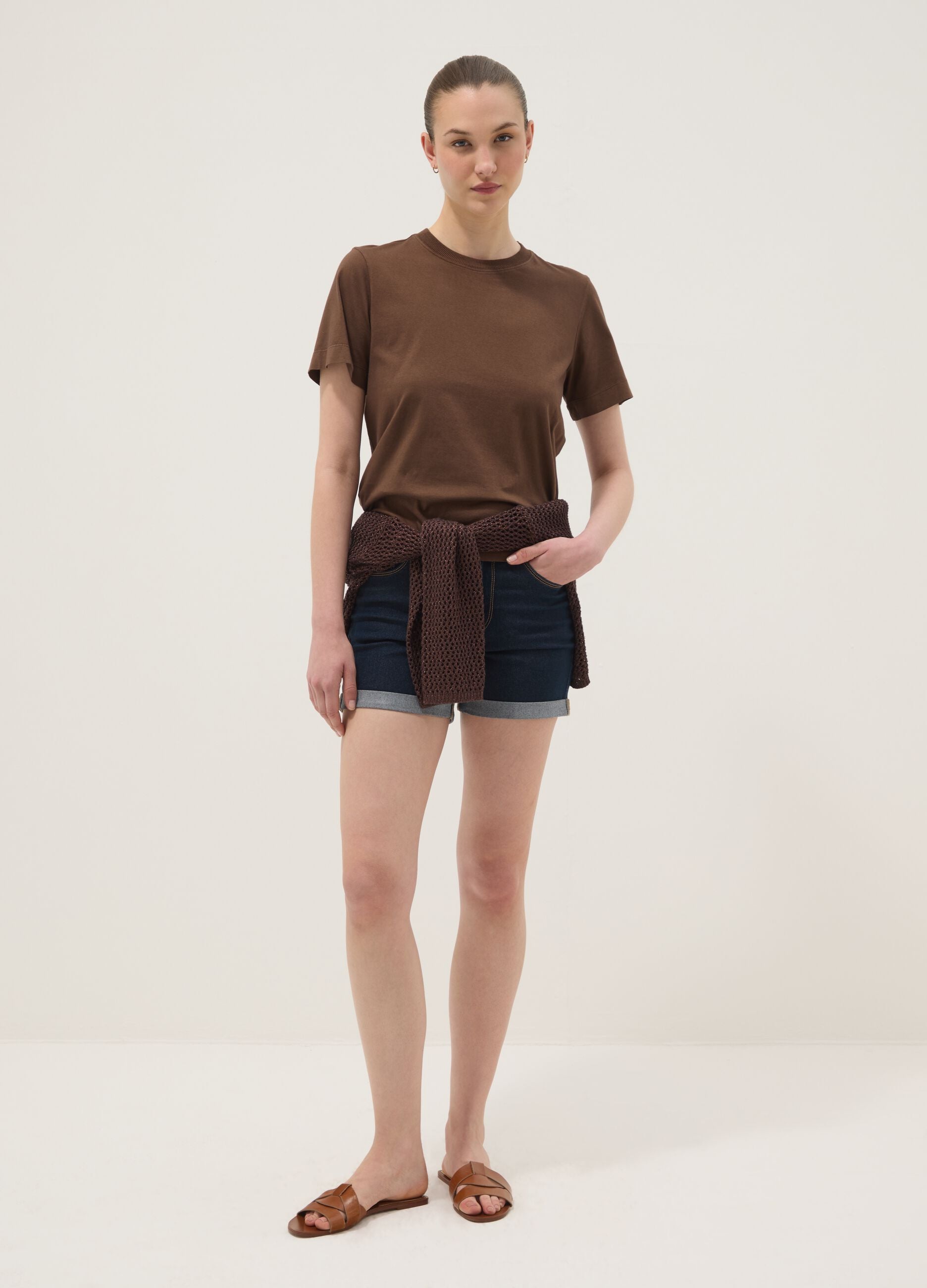 Brown short-sleeve pure cotton T-shirt, regular fit