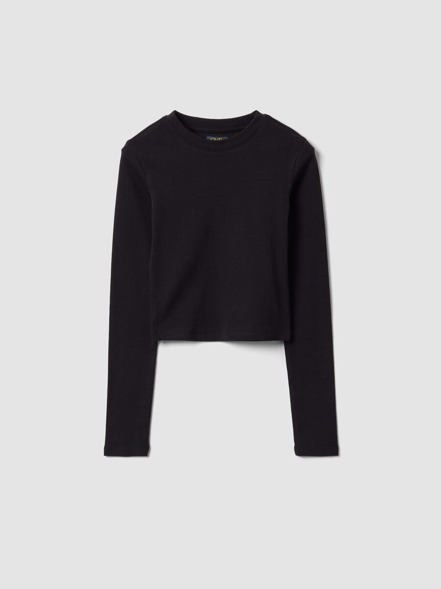 Girls&rsquo; black organic stretch cotton T-shirt with ribbed neckline_3