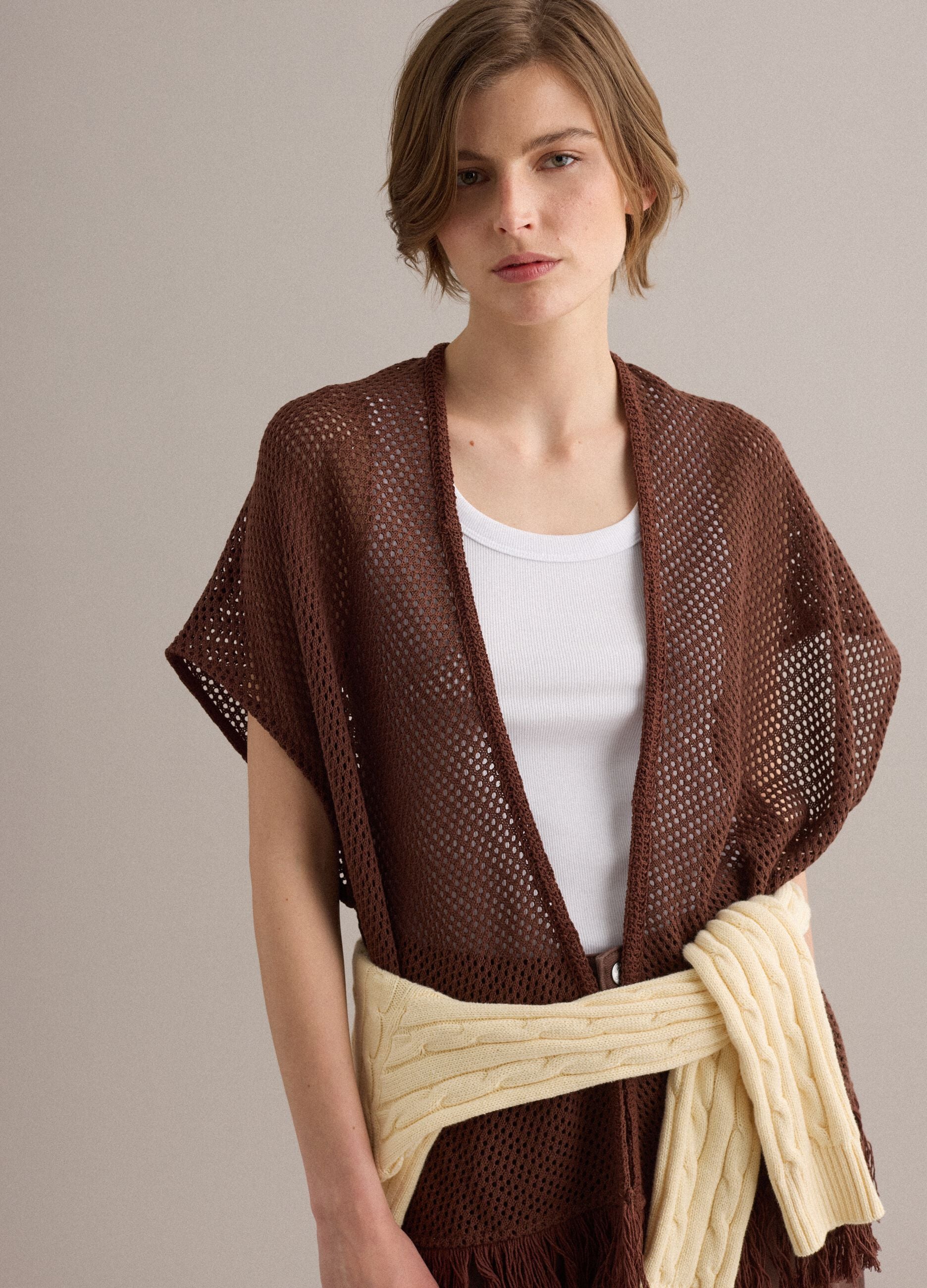 Brown crochet viscose-blend fringed cardigan, regular fit
