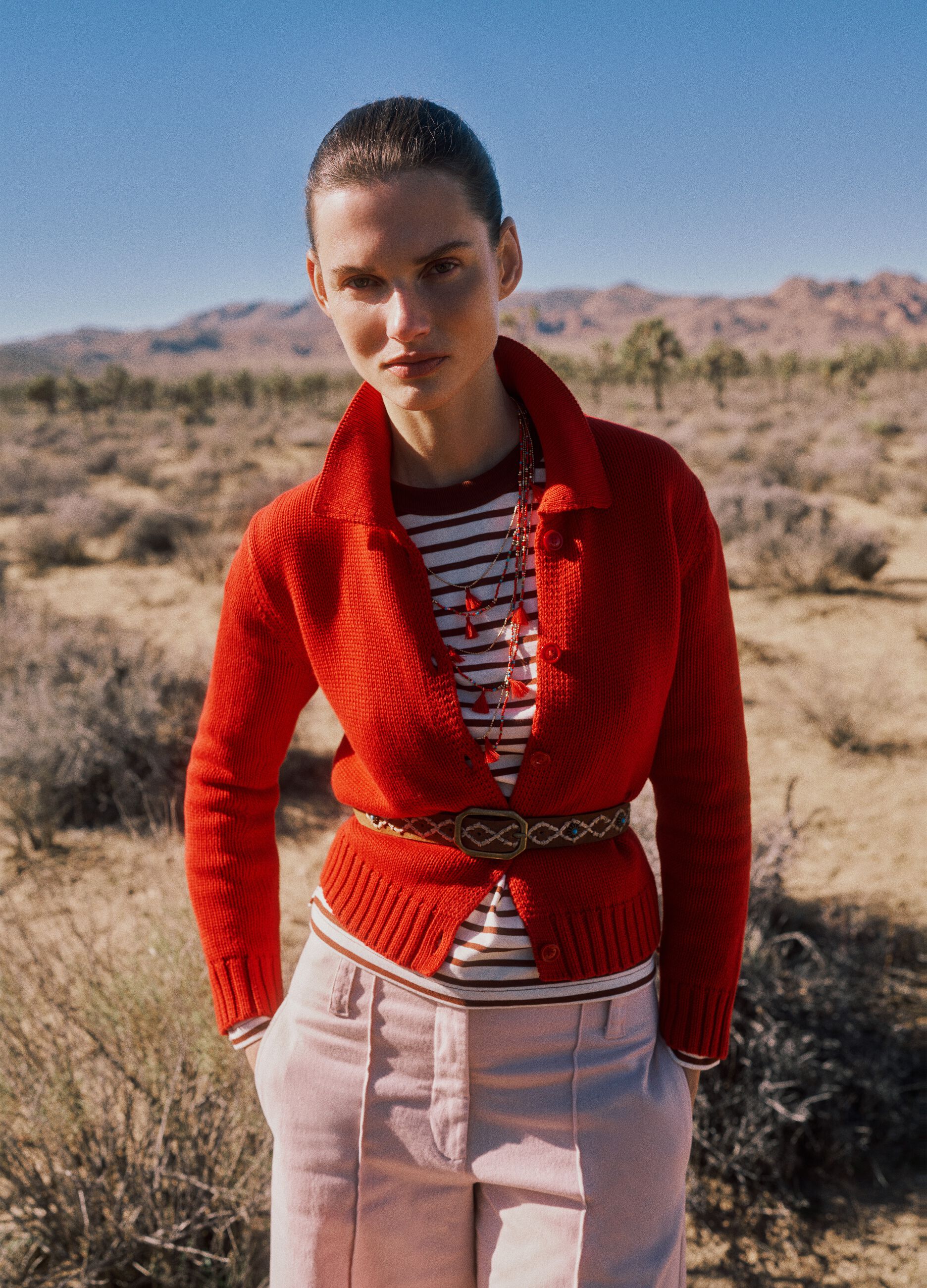 Regular Fit Red Cotton Cardigan with Polo Collar