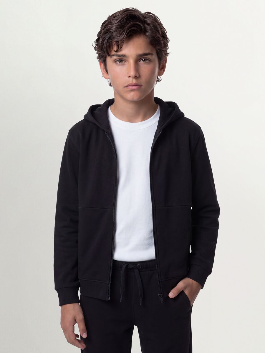 Black organic cotton zip-up hoodie for boys, relaxed fit_0