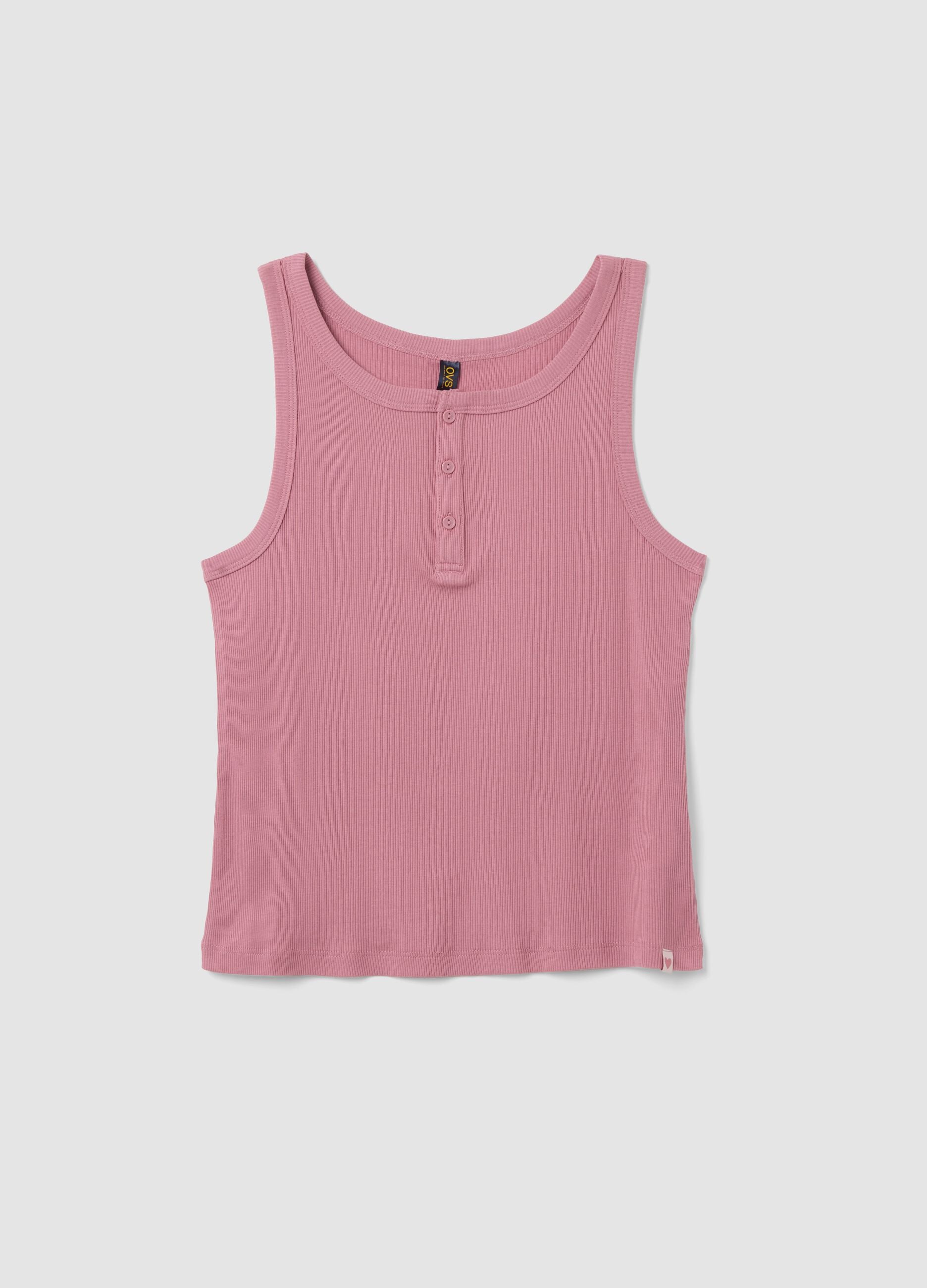 Pink ribbed cotton and viscose blend henley vest