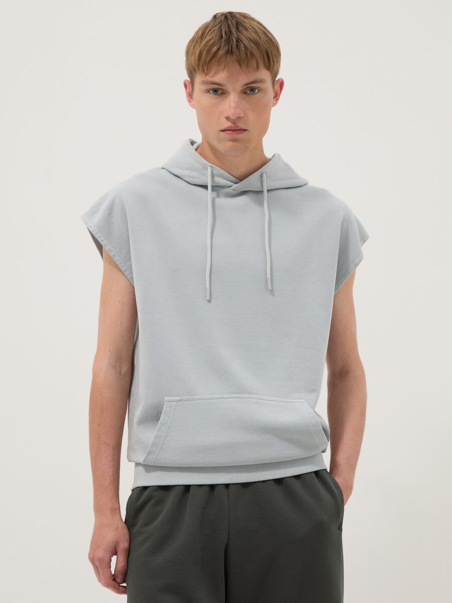 Grey cotton blend sleeveless hoodie regular fit_0