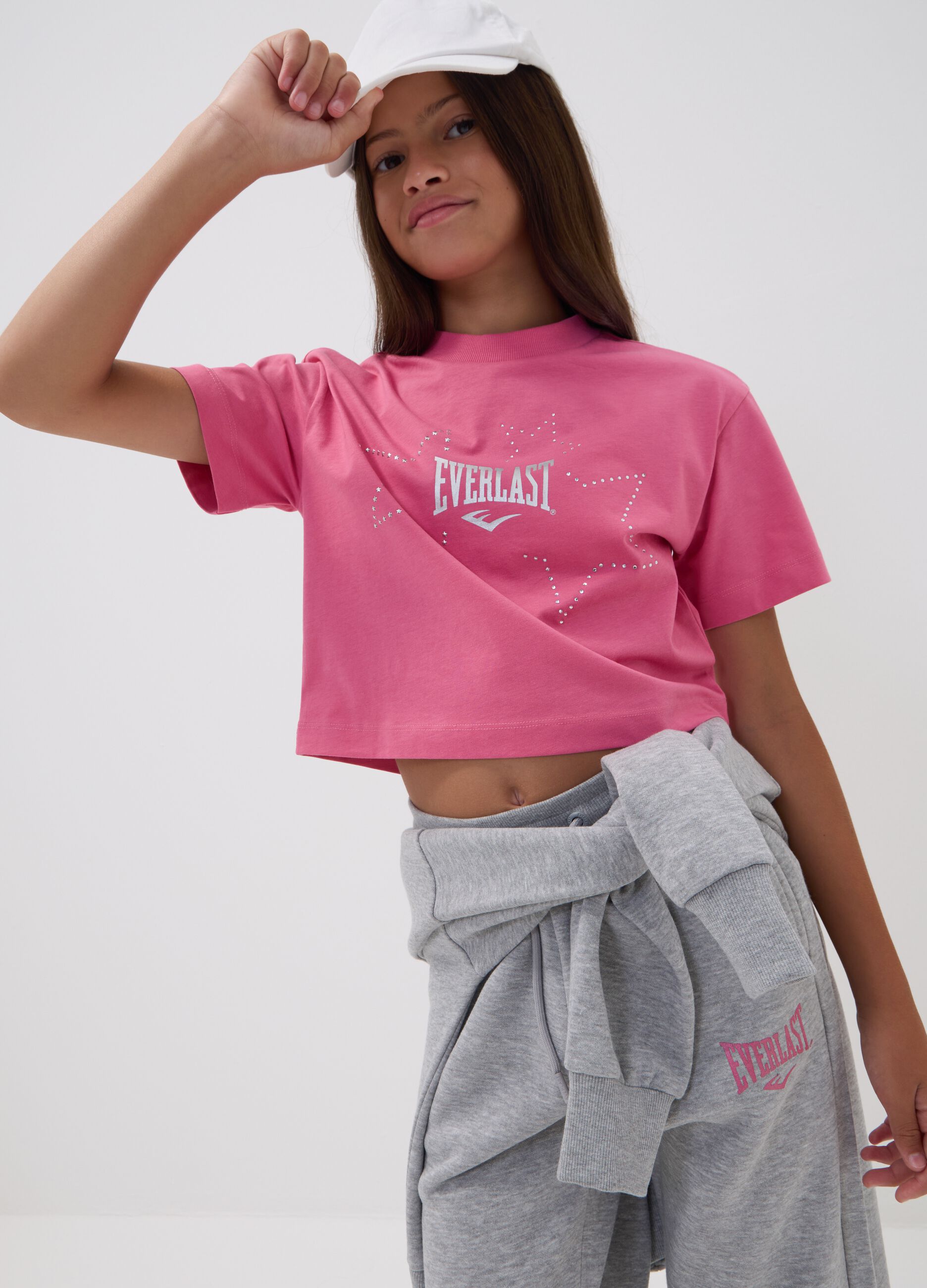 Pink pure cotton T-shirt with appliqu&eacute; stars, regular fit for girls