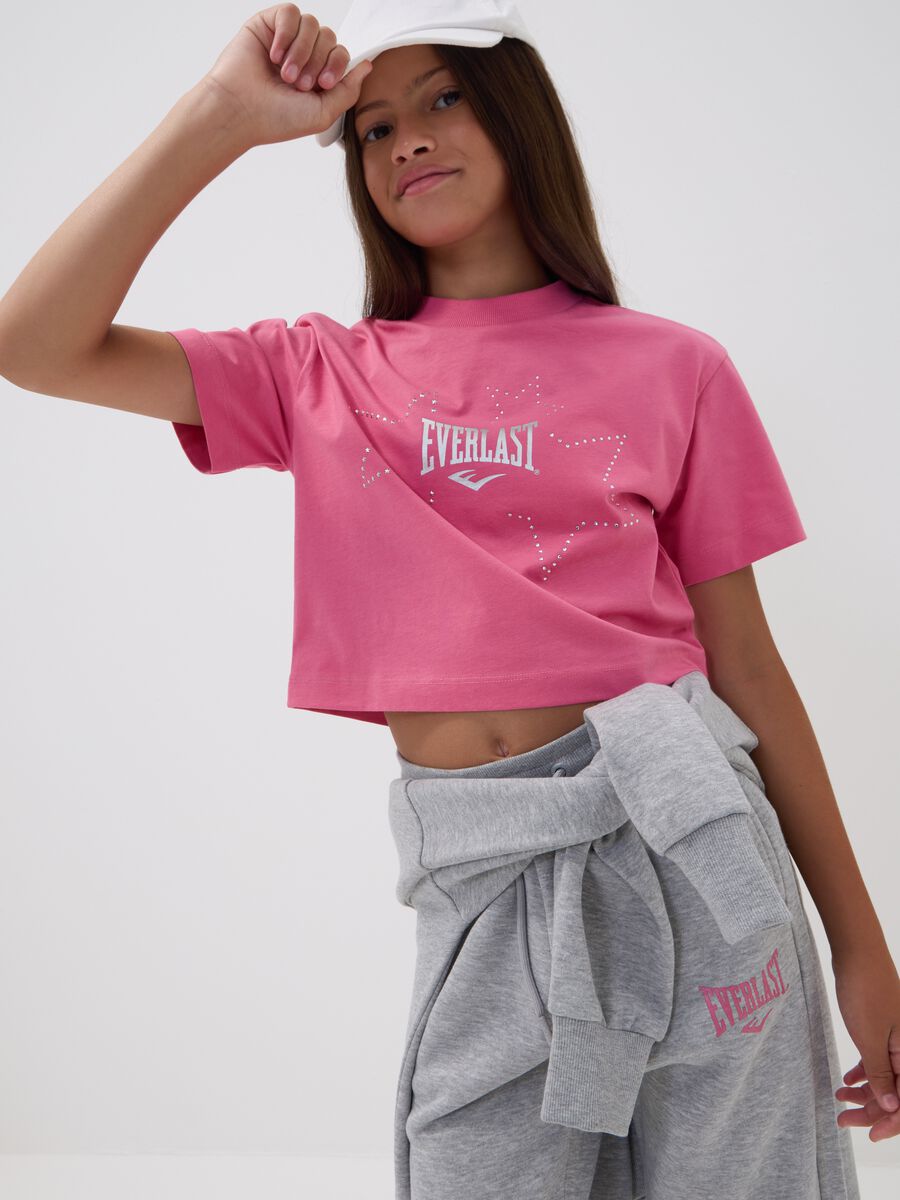 Pink pure cotton T-shirt with appliqu&eacute; stars, regular fit for girls_0