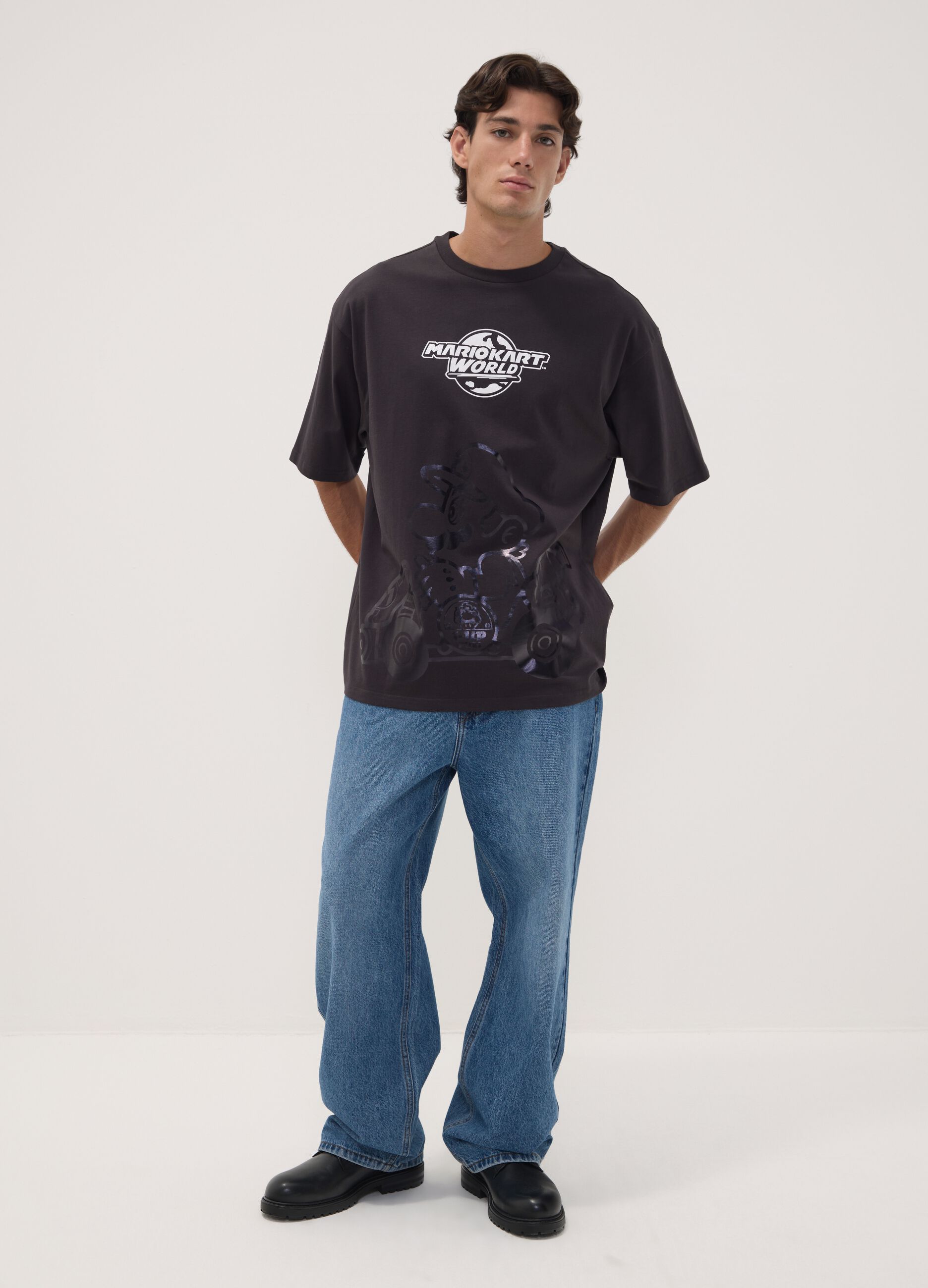 Black pure cotton T-shirt with Mario Kart print