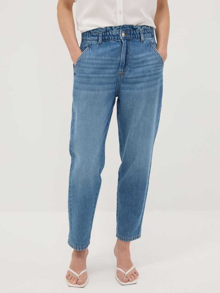 Light blue pure cotton denim jeans with paperbag waist, baggy fit_1