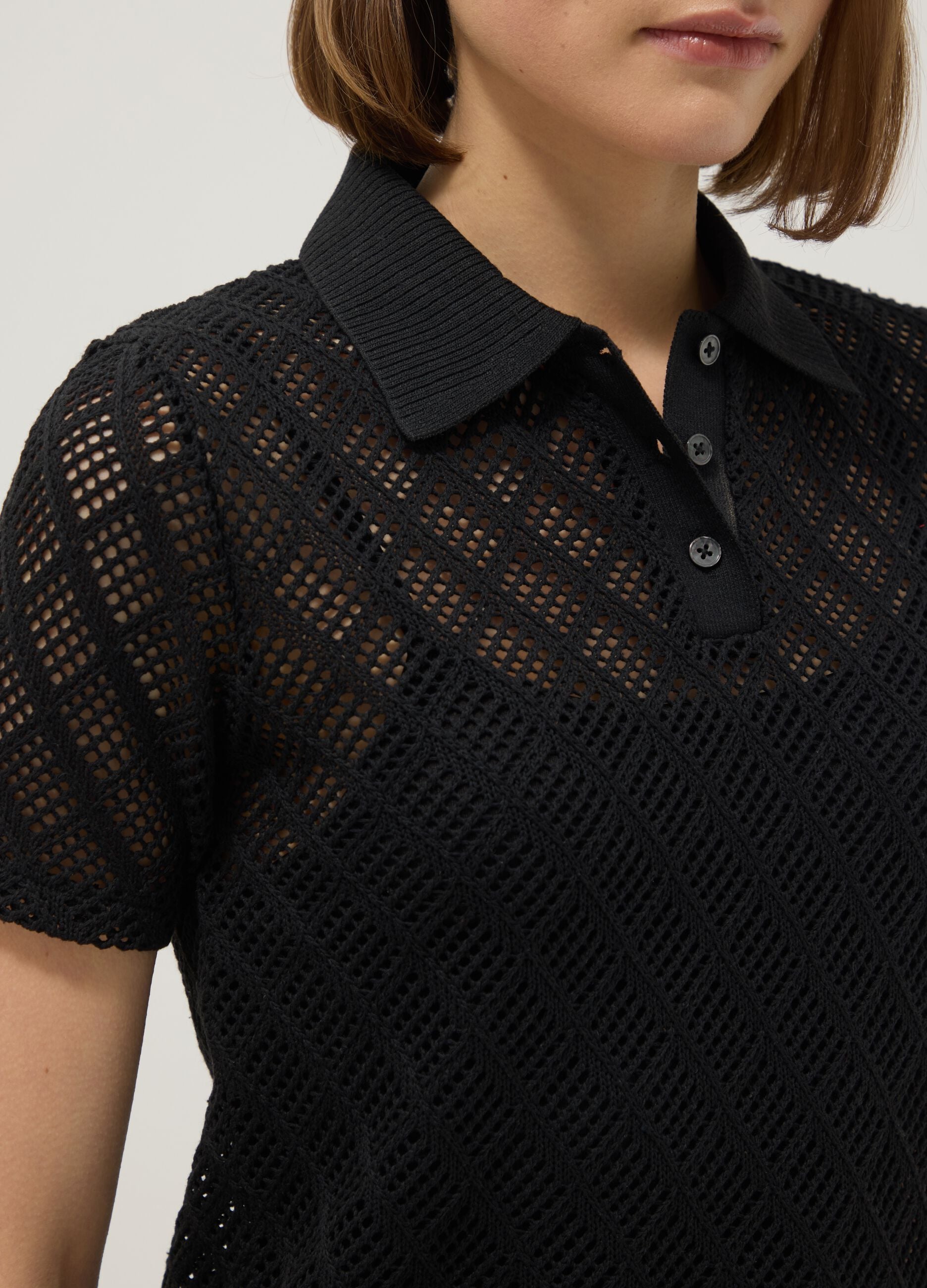 Black regular fit polo with mesh texture