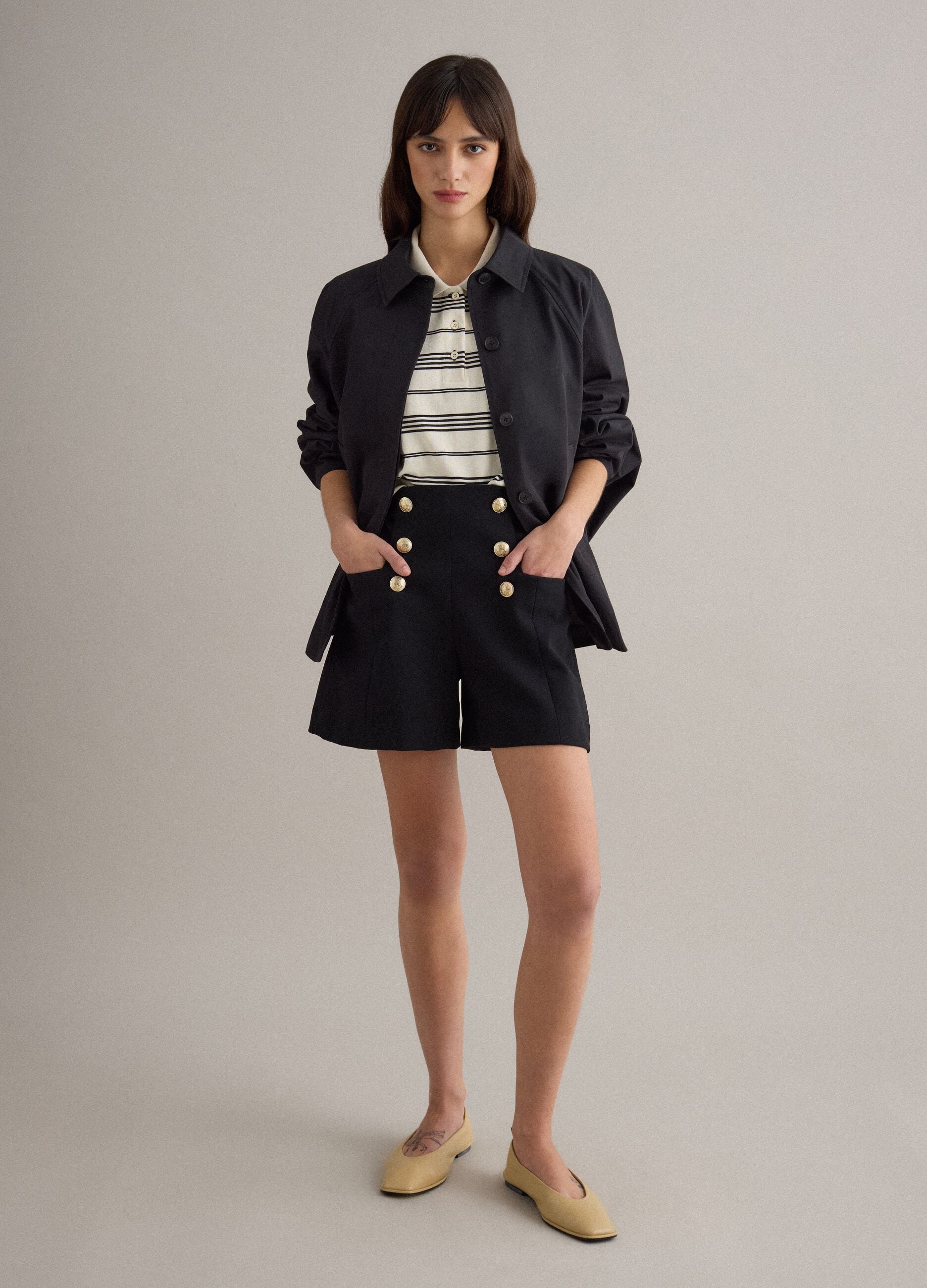 Black oversized cotton blend jacket with hidden closure